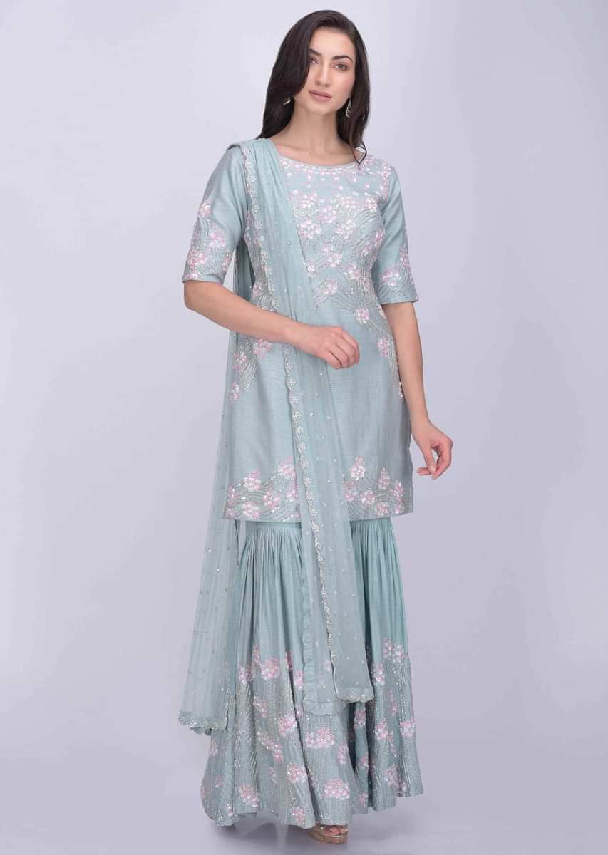Airforce blue cotton silk sharara suit with matching net dupatta only ...