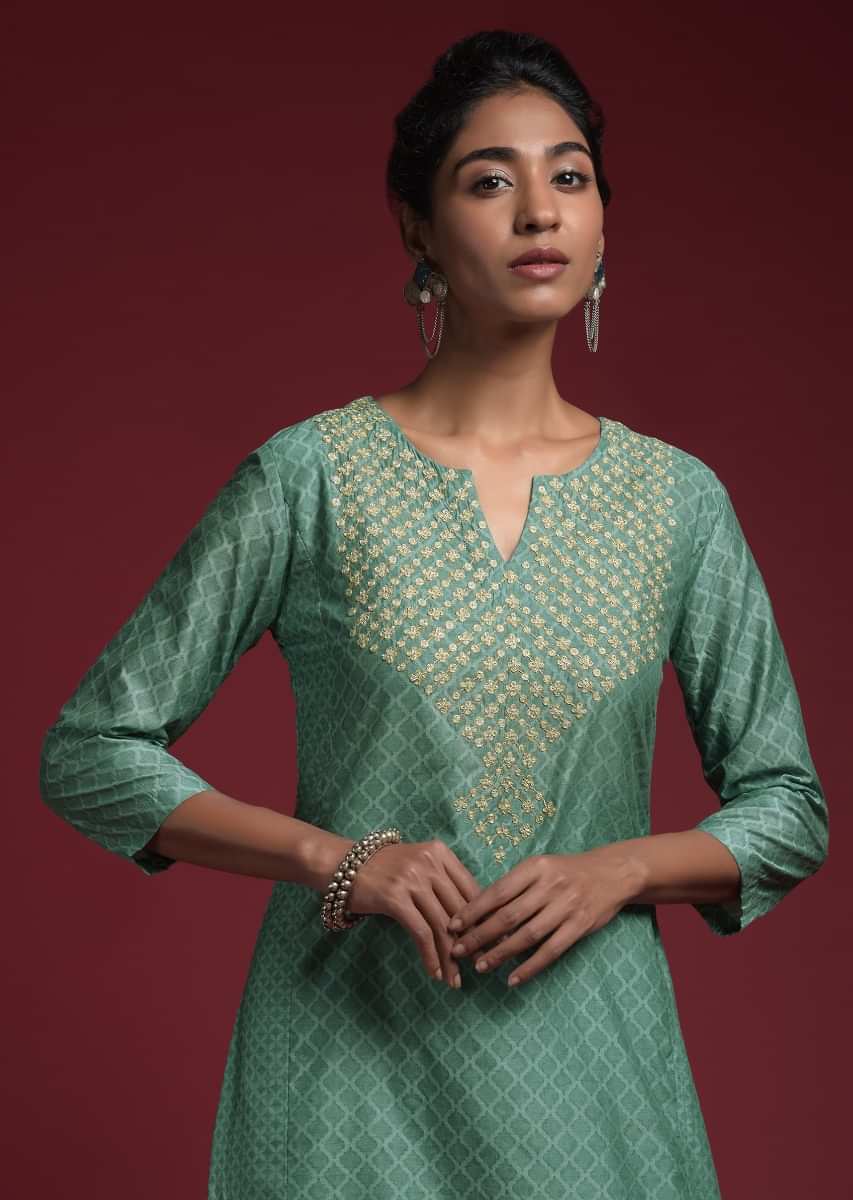 Airforce Blue Sharara Suit In Cotton Silk With Printed Moroccan Jaal And Cord Detailing On The Yoke Online - Kalki Fashion