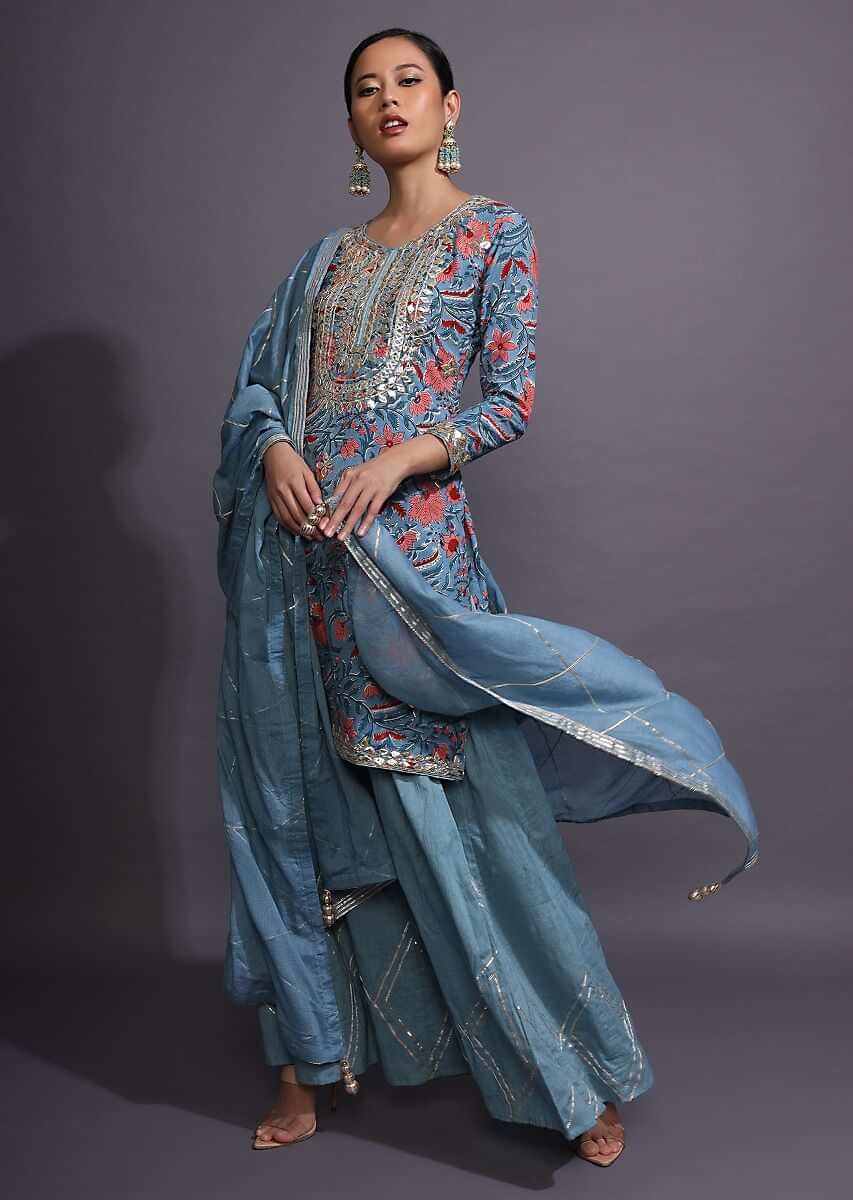 Floral-Printed Airforce Blue Sharara Suit With A Gotta Patti Embroidered Yoke.