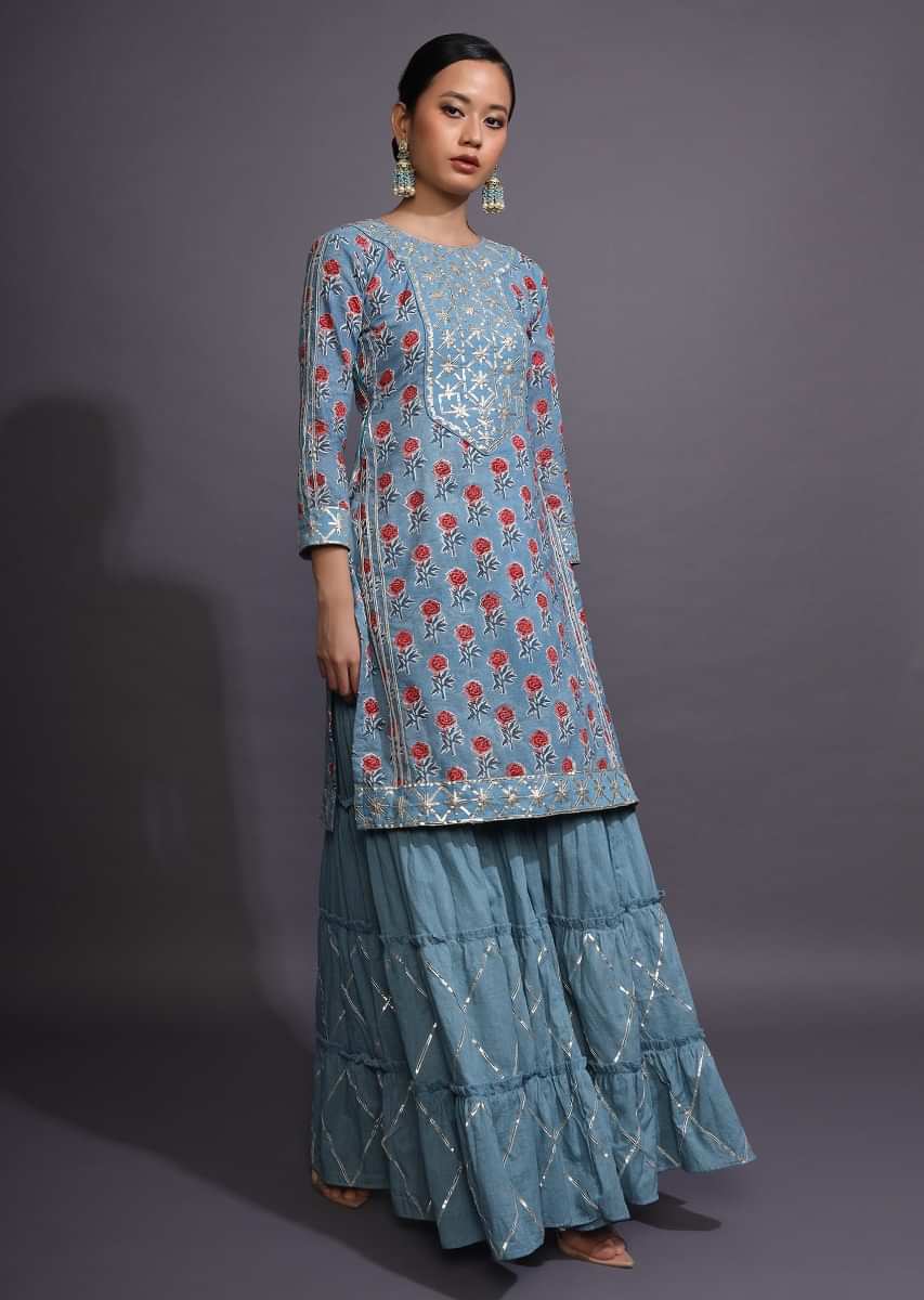 Airforce Blue Sharara Suit With Floral Printed Buttis And Gotta Patti Embroidered Yoke  