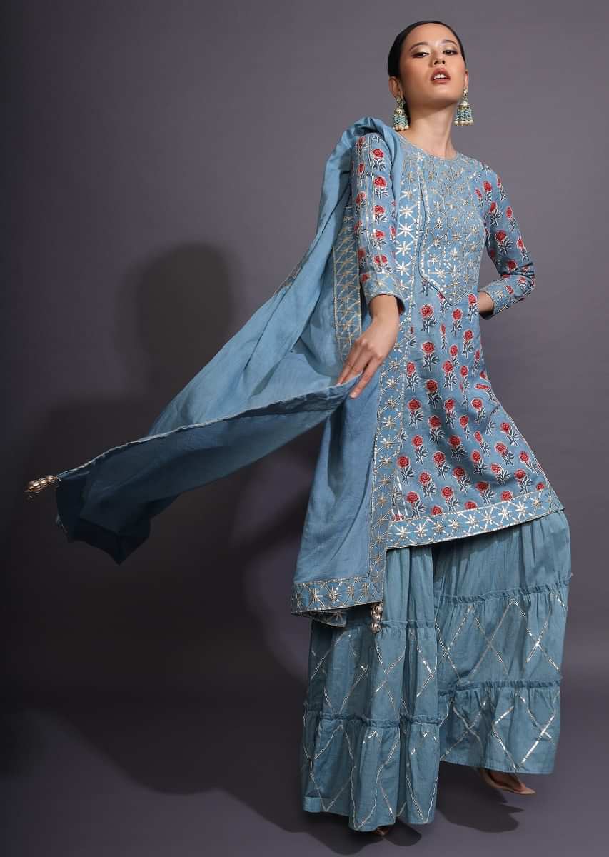 Airforce Blue Sharara Suit With Floral Printed Buttis And Gotta Patti Embroidered Yoke  