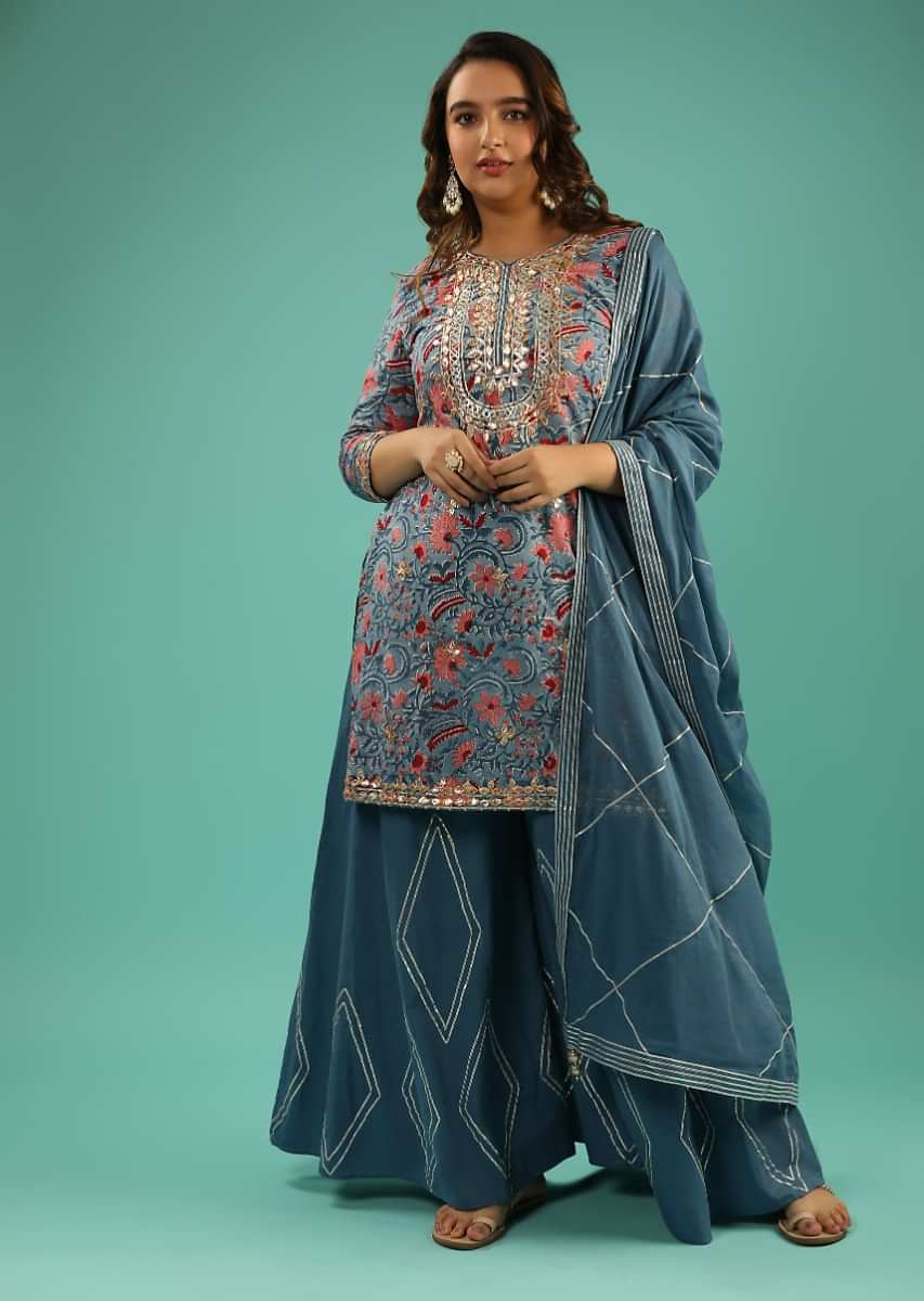 Airforce Blue Sharara Suit With Floral Print And Gotta Patti Embroidered Yoke  
