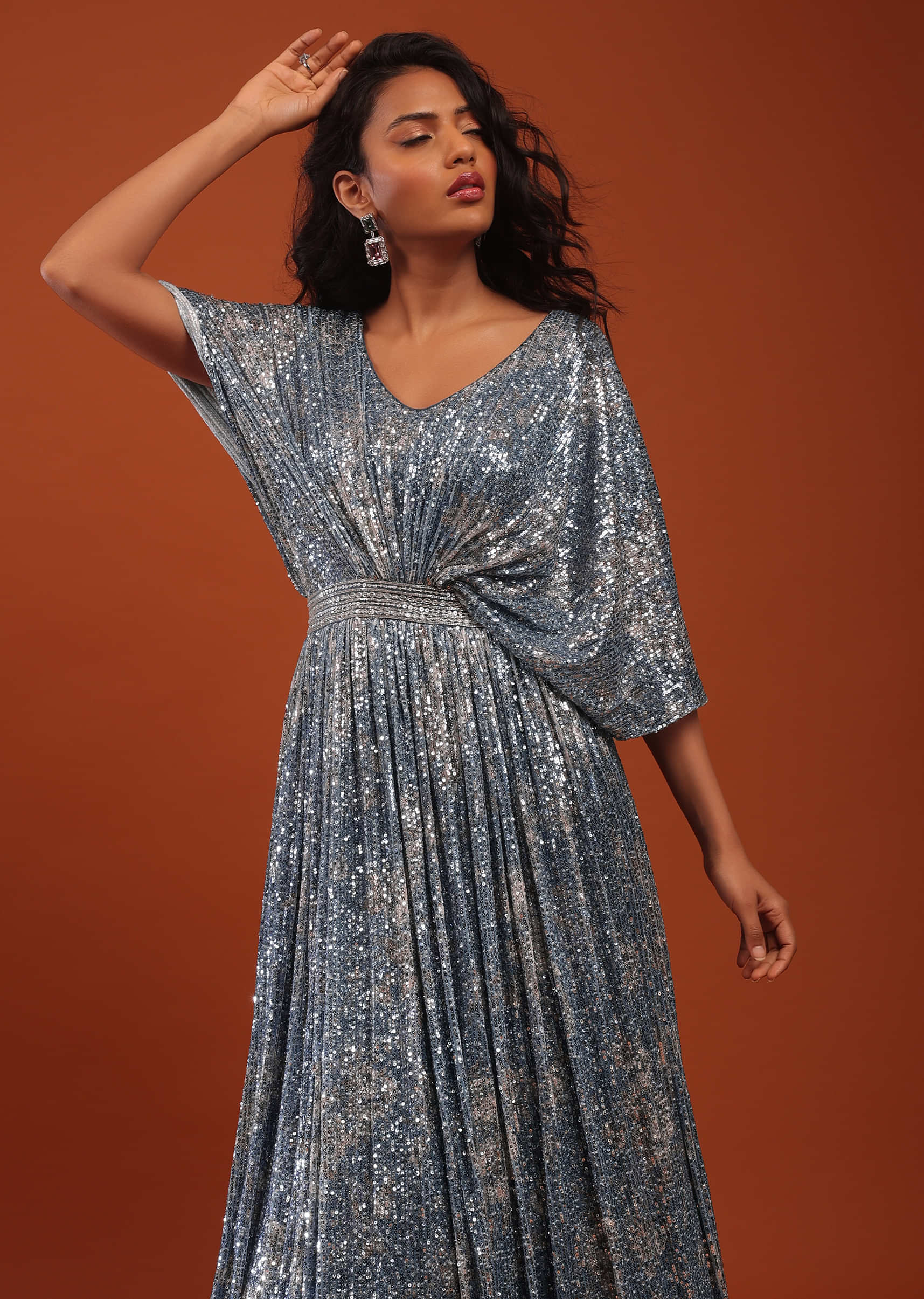 Buy Silver Crushed Kaftan Gown With An Embellished Waistbelt