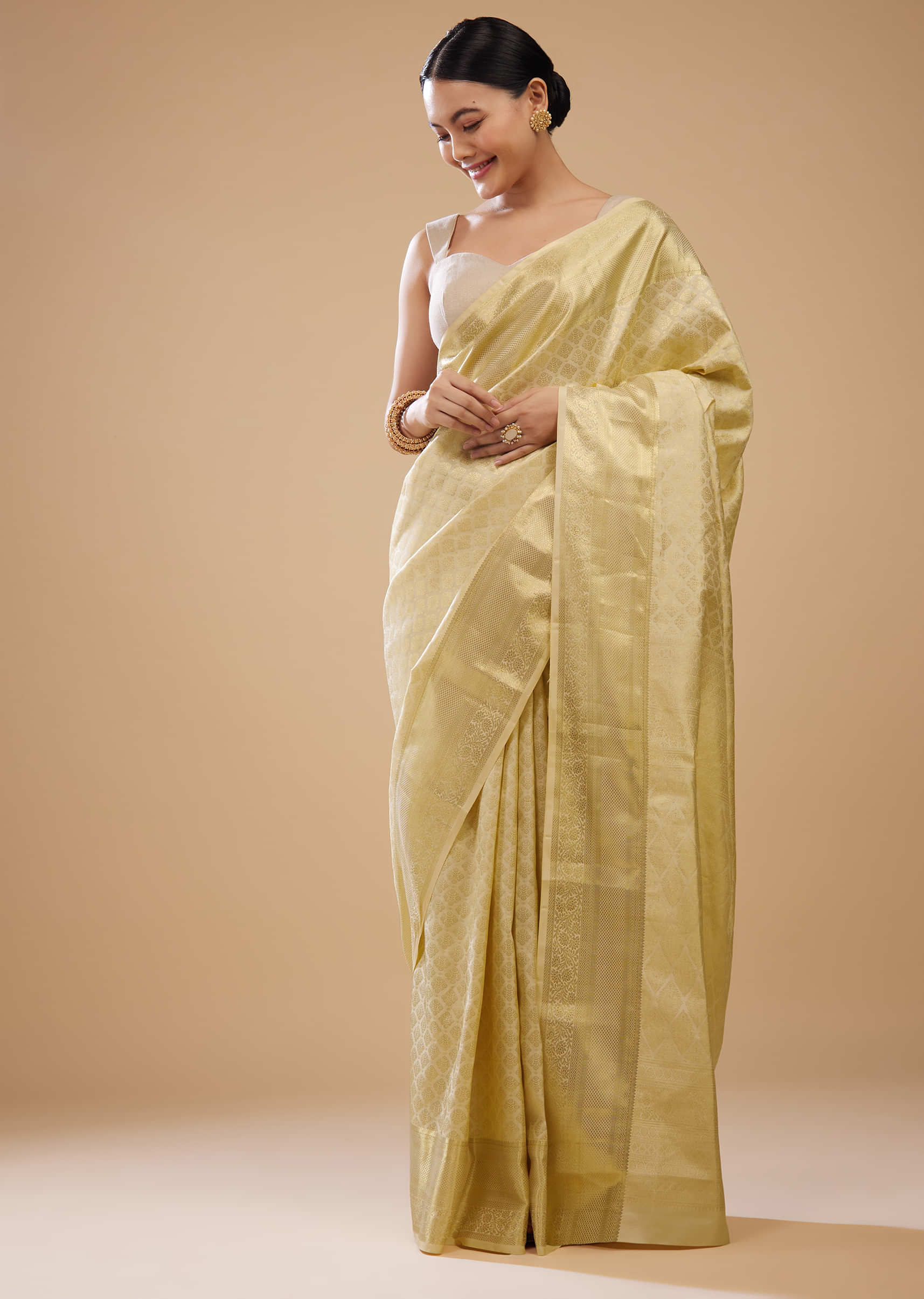 Almond White Kanjivaram Silk Saree In Intricate Weave