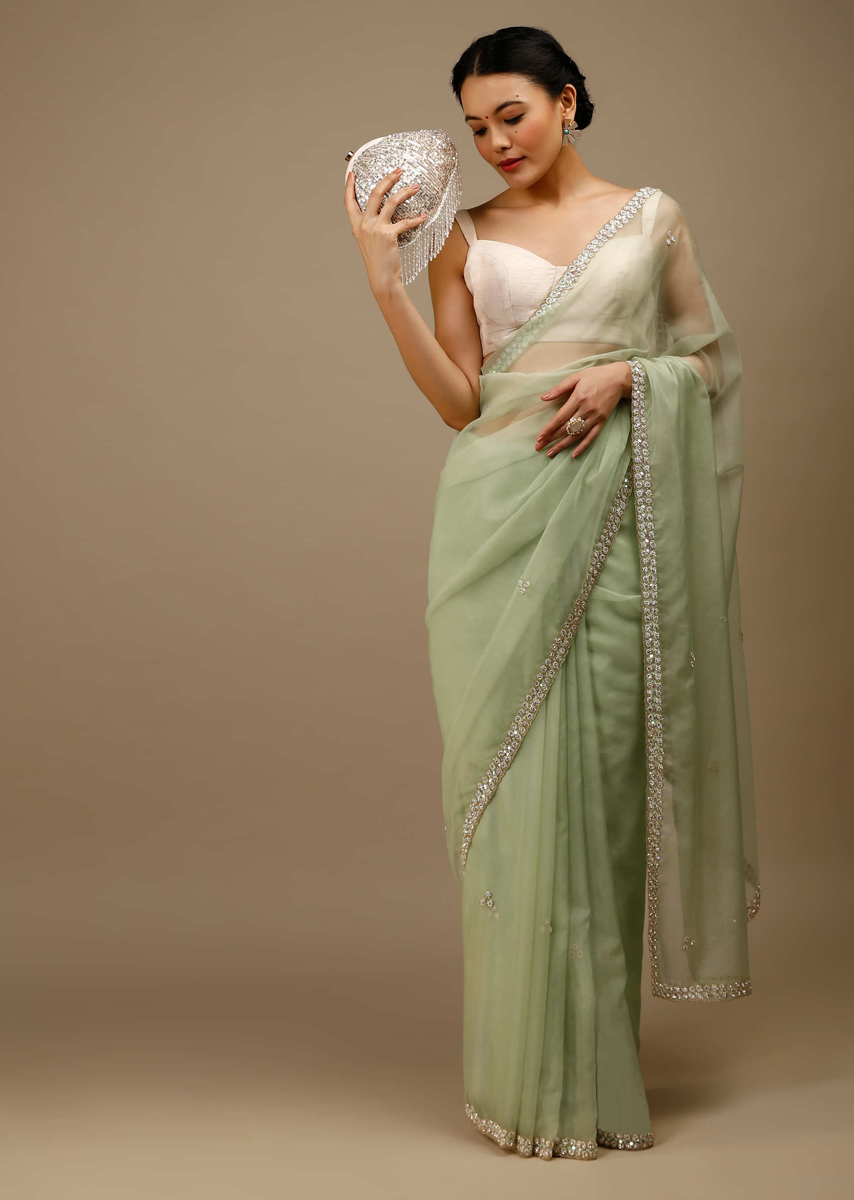 Aloe Wish Green Saree In Organza With Moti Beads And Stone Embroidered Round Motifs On The Border And Butti Design