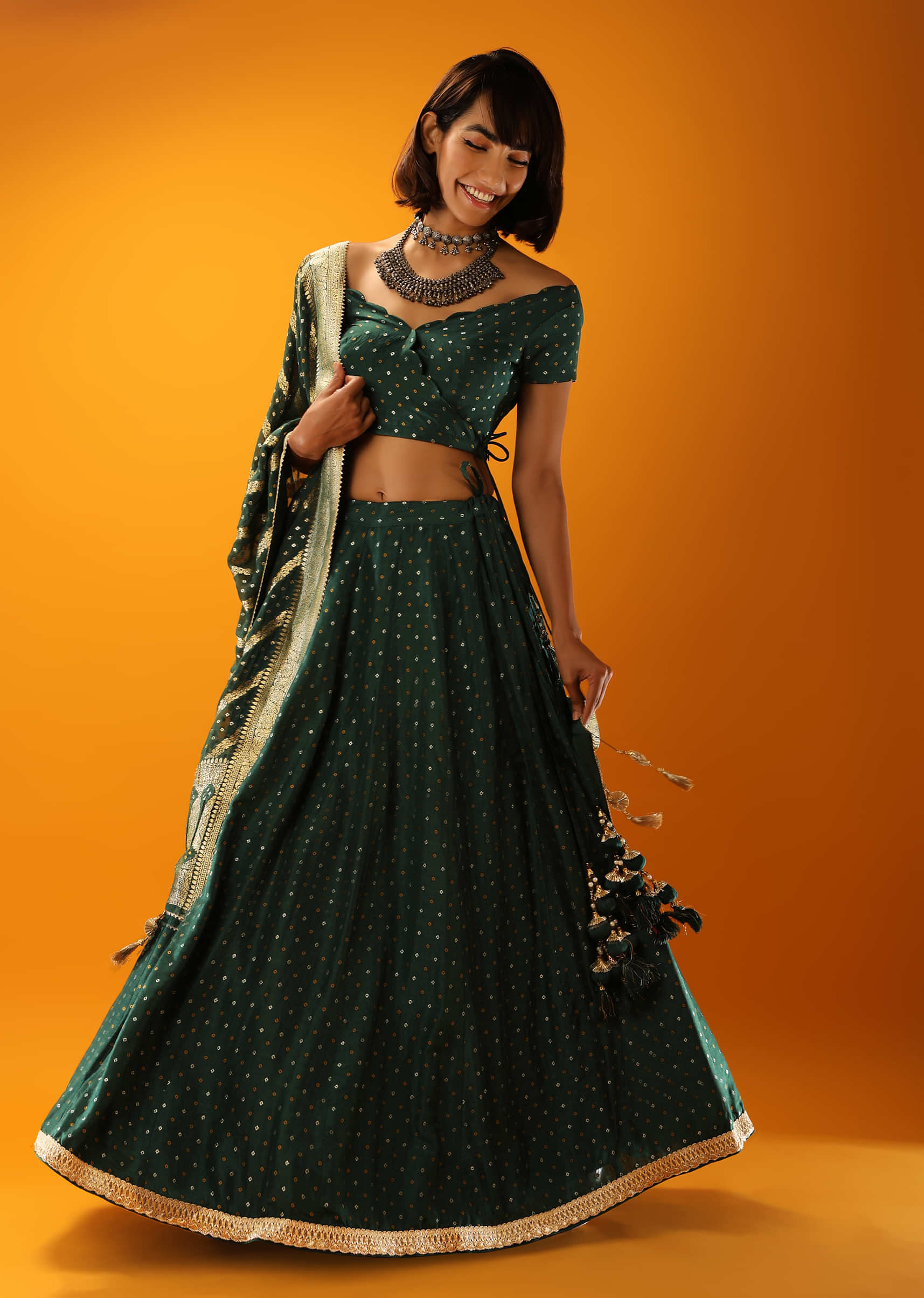 Alpine Green Lehenga In Brocade Silk With Woven Bandhani Design And Unstitched Blouse 