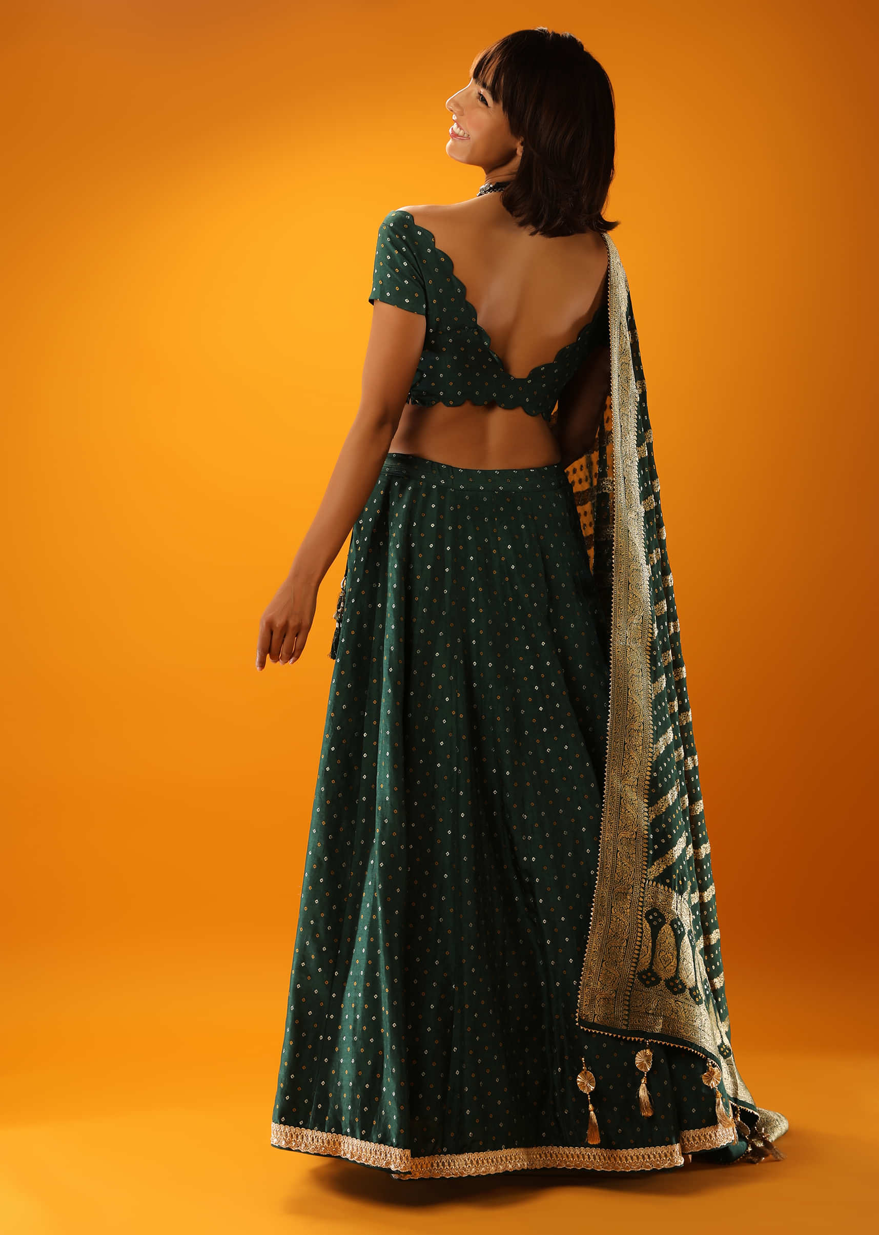 Alpine Green Lehenga In Brocade Silk With Woven Bandhani Design And Unstitched Blouse 