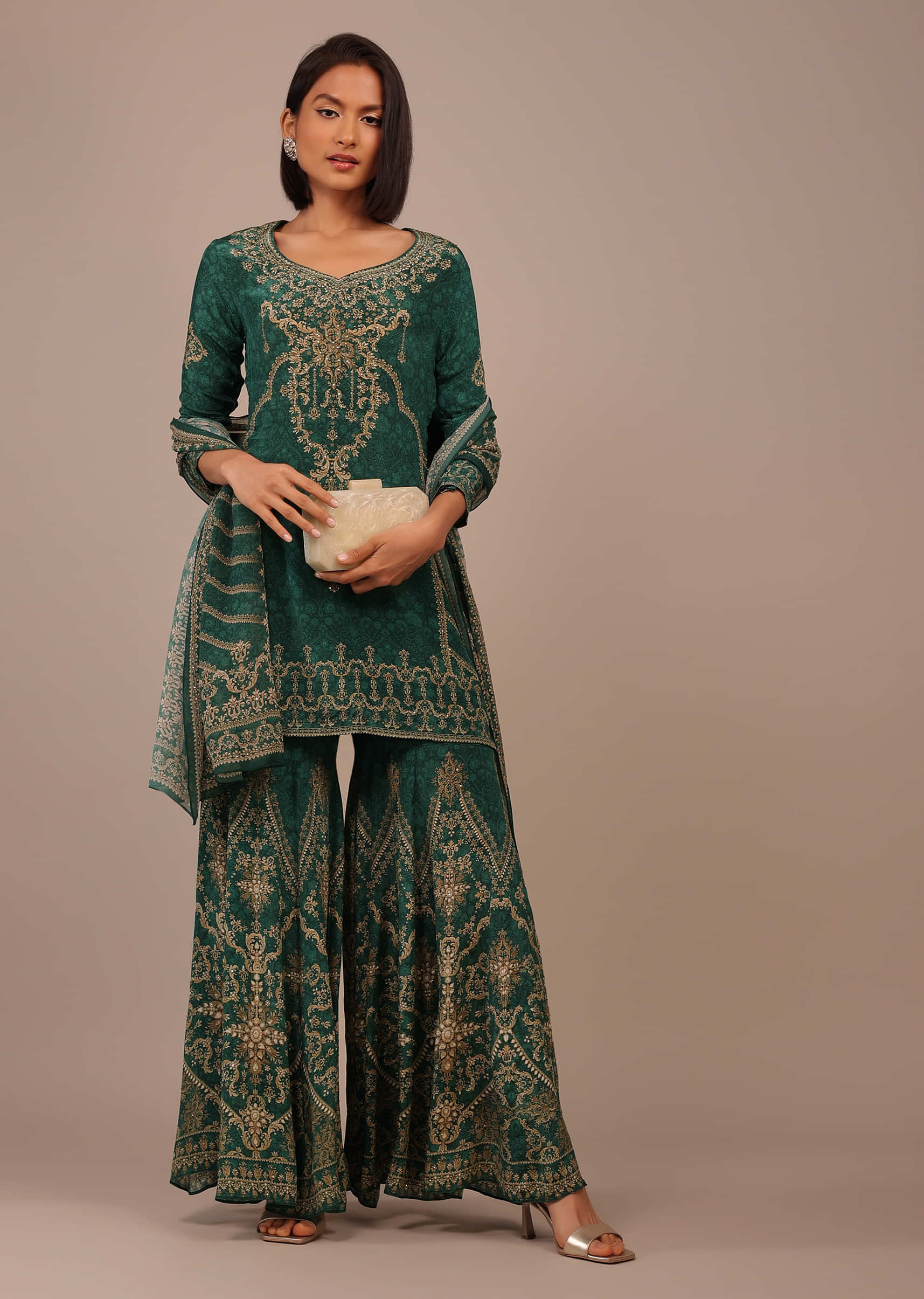 Buy Emerald Green Printed Sharara Suit With Stonework In Crepe