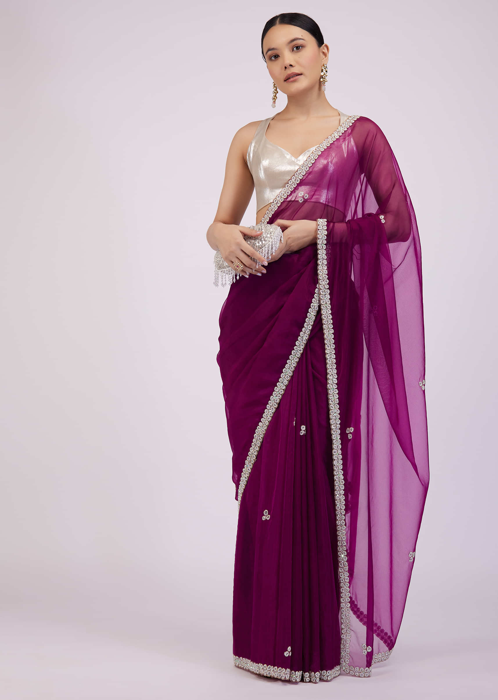 Burgundy Purple Saree In Organza With Embroidery