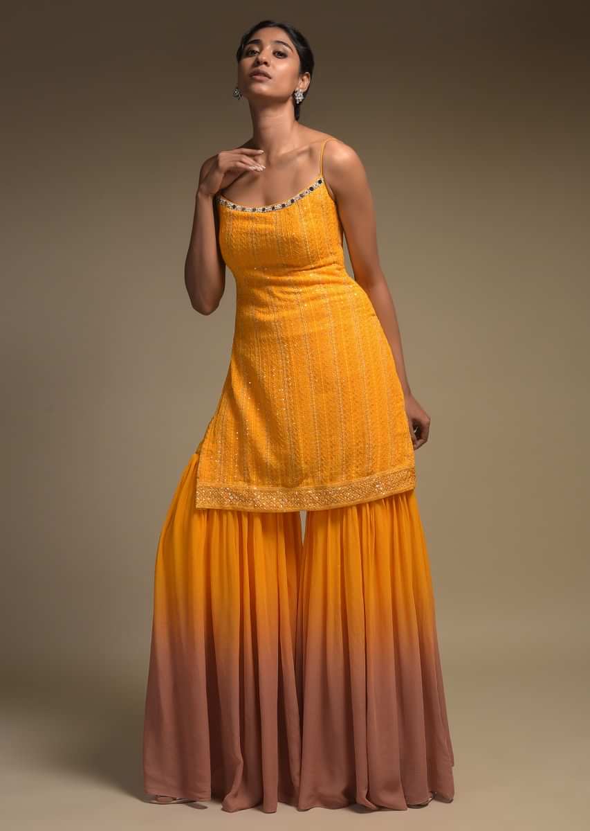 Reem Sameer In Kalki Amber Yellow And Brown Shaded Sharara Suit In Georgette With Thread Embroidery