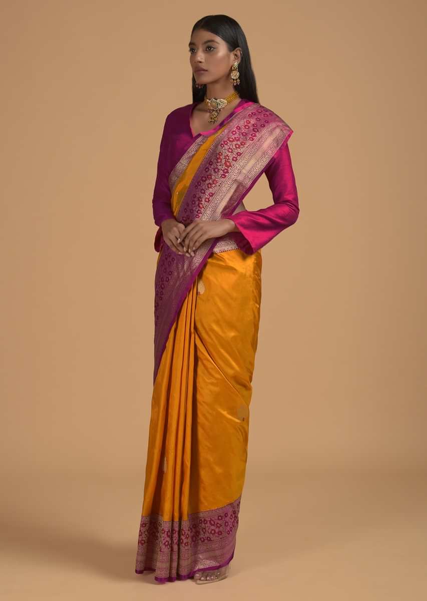 Amber Yellow Pure Handloom Saree In Silk With Woven Leaf Buttis And Magenta Border Online - Kalki Fashion