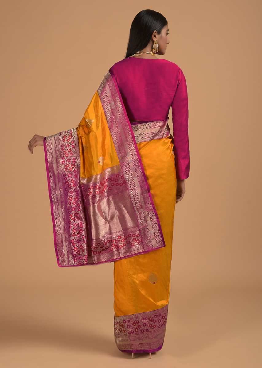 Amber Yellow Pure Handloom Saree In Silk With Woven Leaf Buttis And Magenta Border Online - Kalki Fashion
