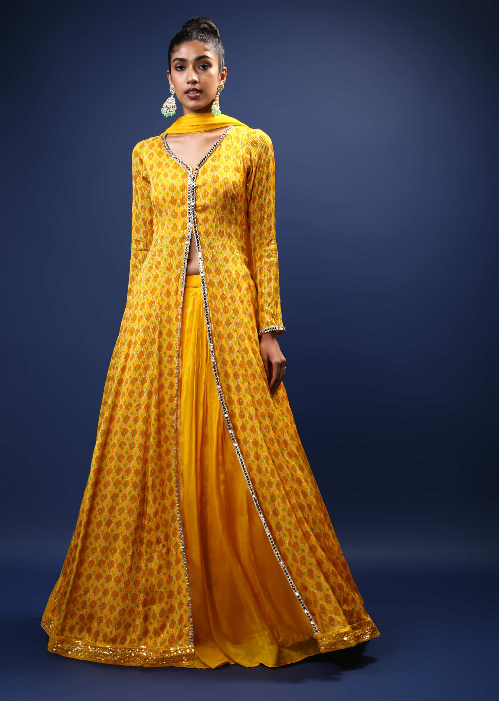 Amber Yellow Skirt And Long Slit Kurti With Jaal Print And Mirror Work On The Placket  