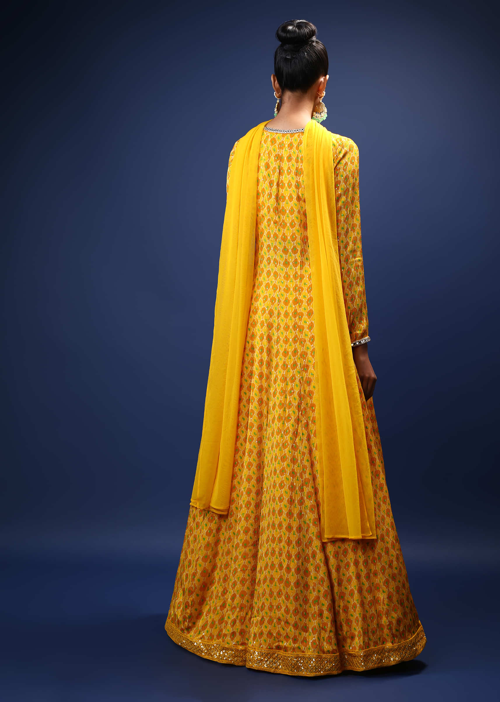 Amber Yellow Skirt And Long Slit Kurti With Jaal Print And Mirror Work On The Placket  