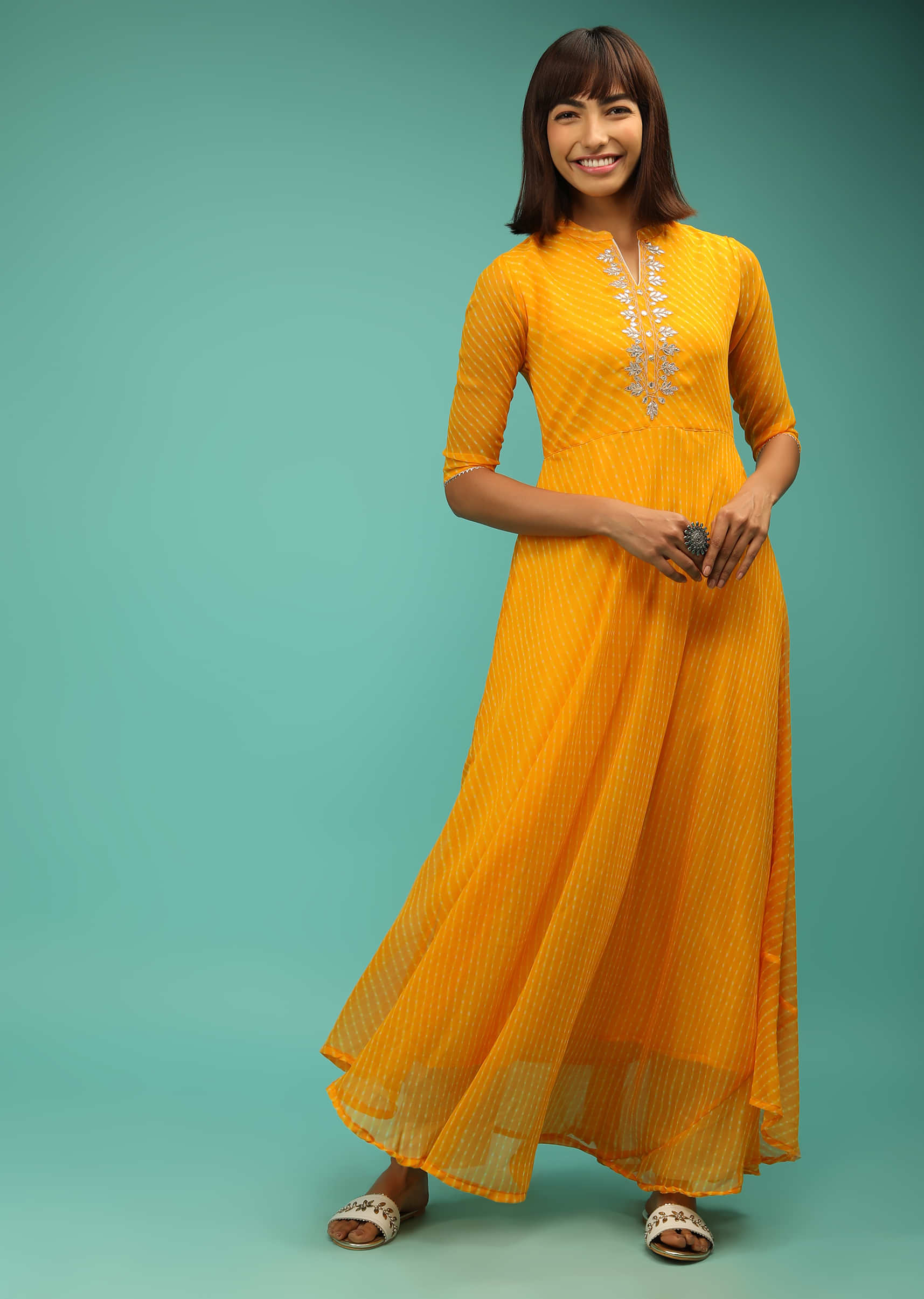 Amber Yellow Anarkali Dress In Georgette With Lehariya Print And Gotta Patti Work 