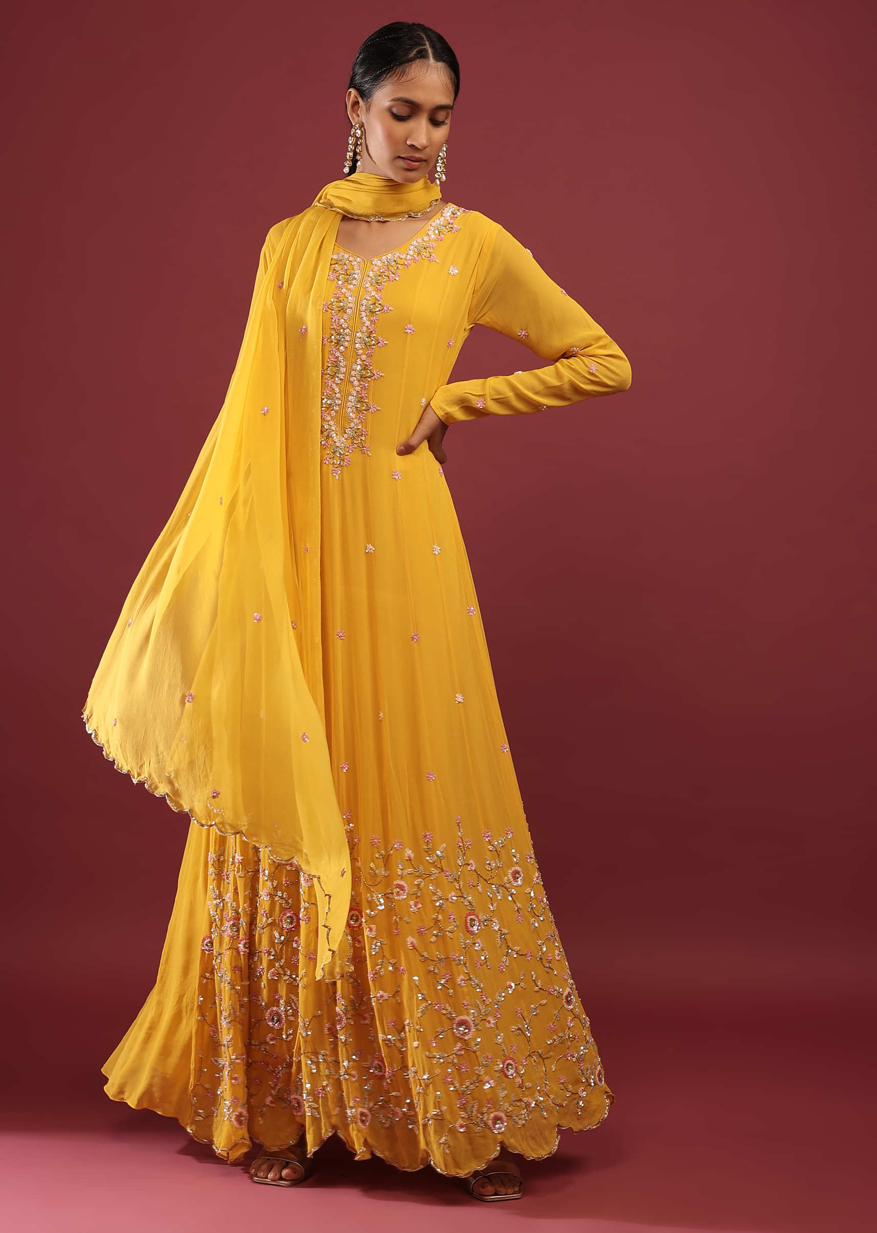 Buy Amber Yellow Anarkali Suit In Georgette With Multicolored Sequin ...