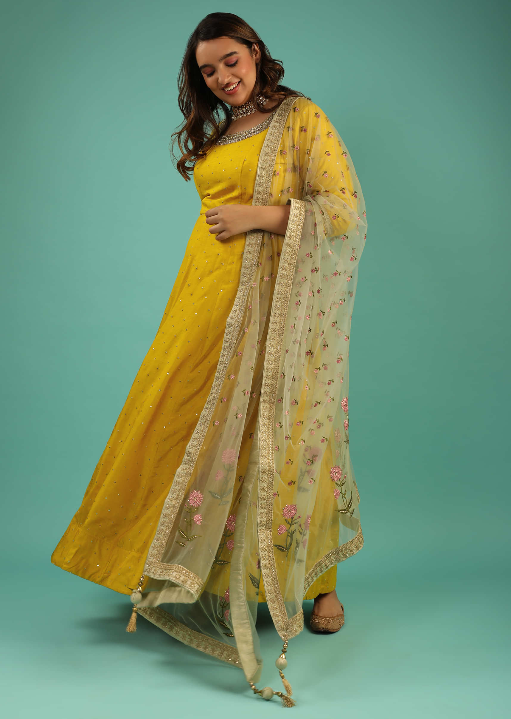 Amber Yellow Silk Anarkali With An Embroidered Neckline