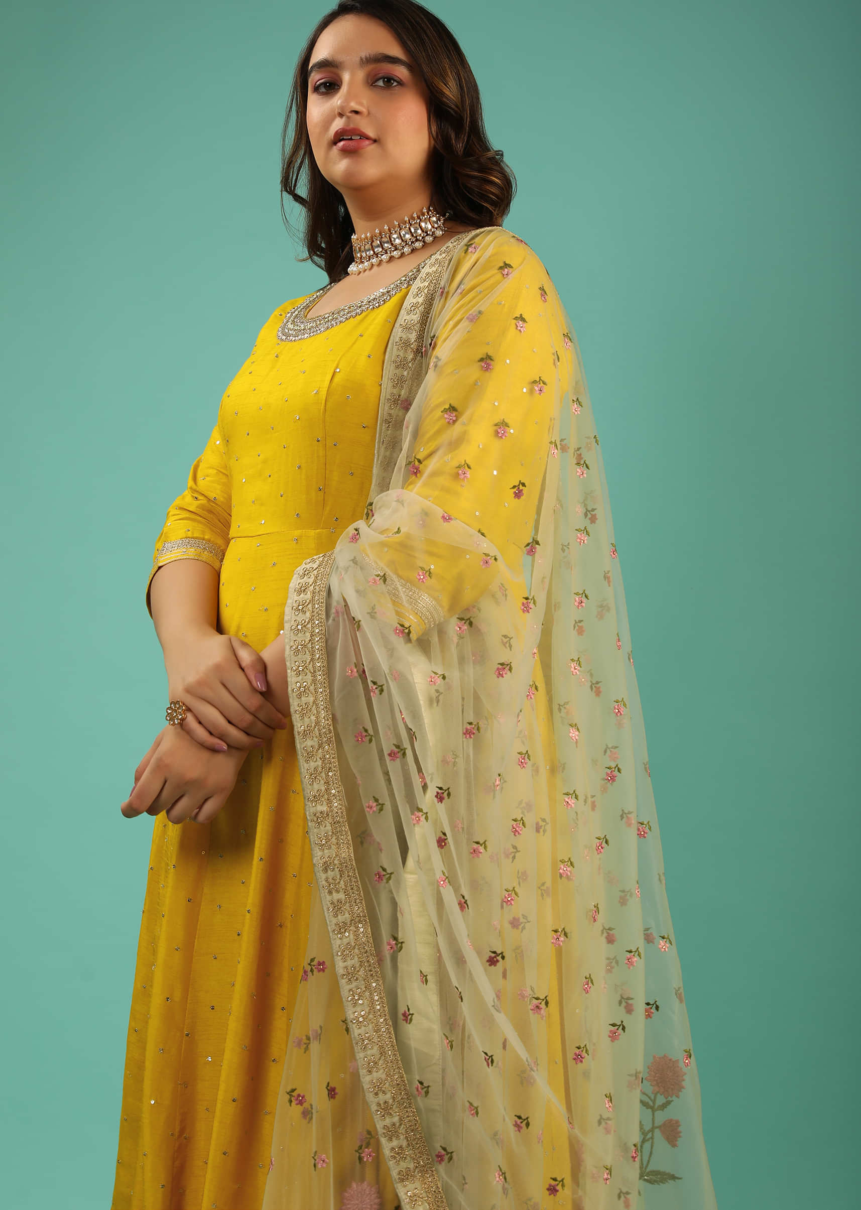 Amber Yellow Silk Anarkali With An Embroidered Neckline