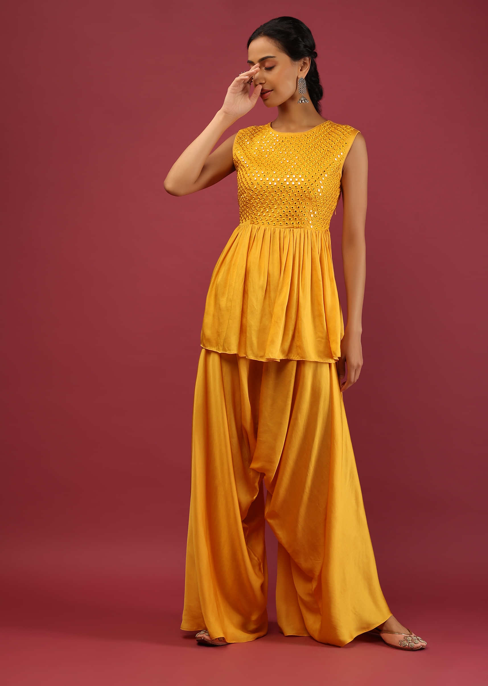 Amber Yellow Peplum Kurta And Cowl Dhoti Suit Set With Mirror Abla Embroidery  