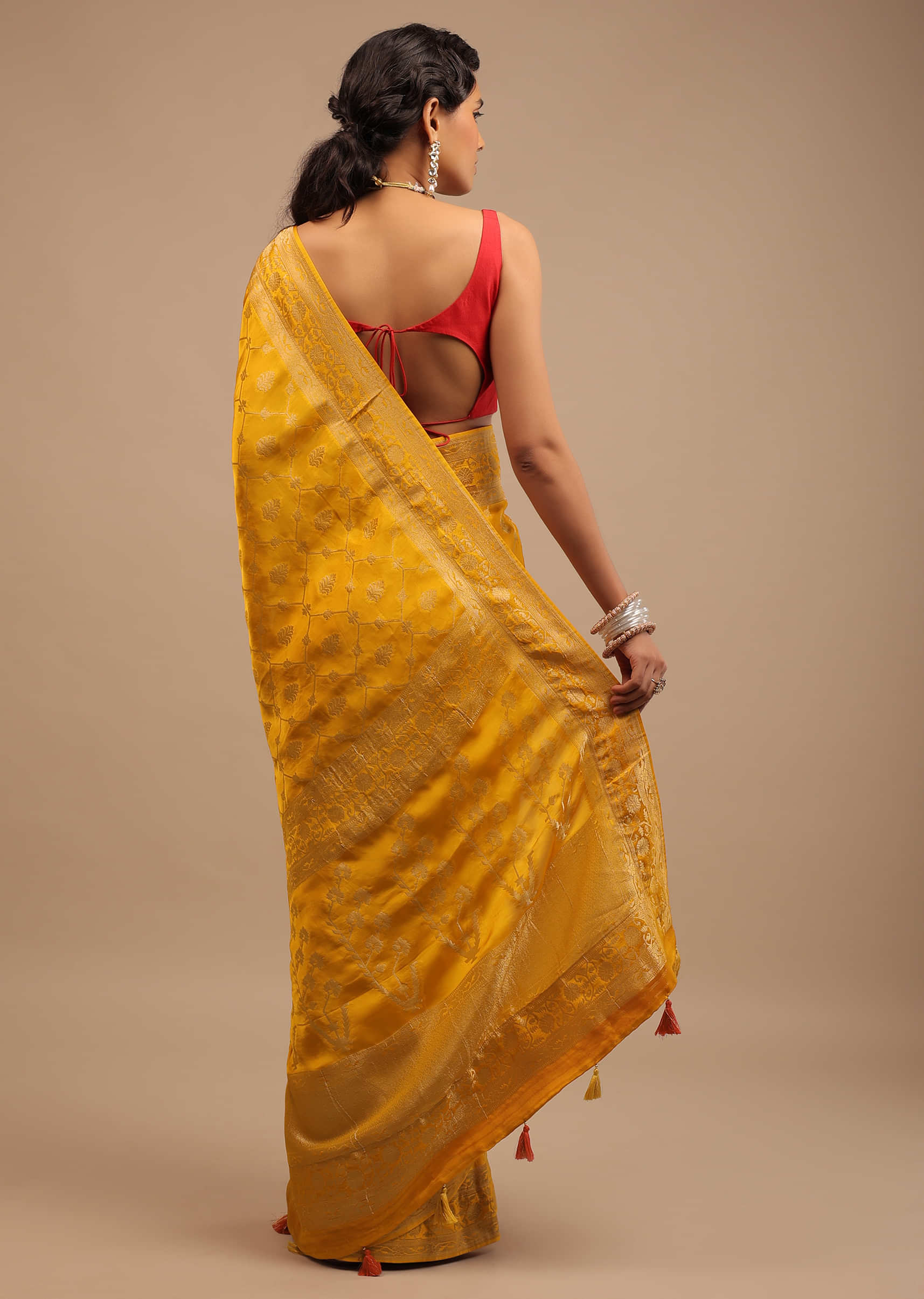 Amber Yellow Saree In Satin Silk With Woven Geometric Jaal And Butti Design