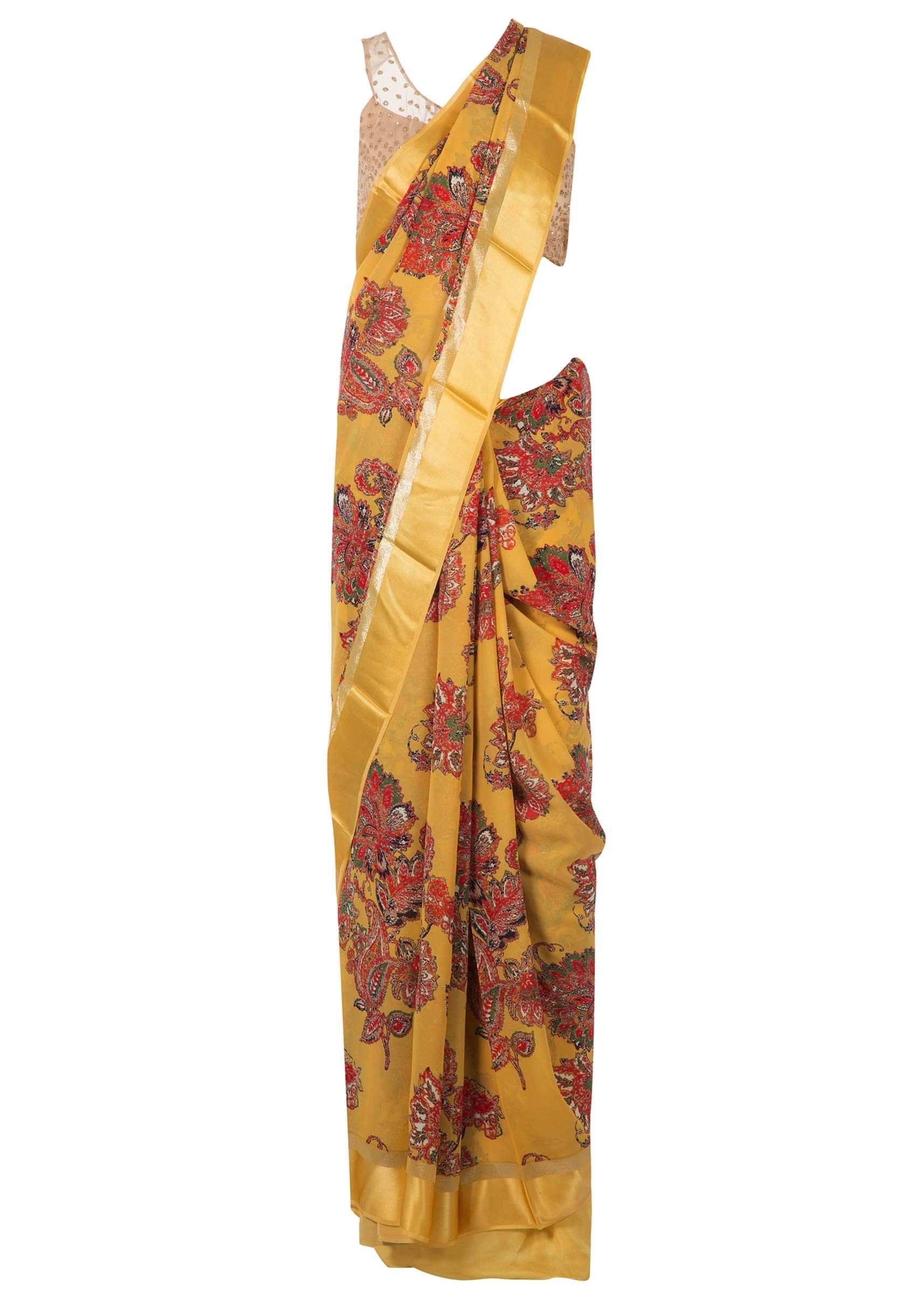 Amber yellow saree in satin with big floral print only on Kalki