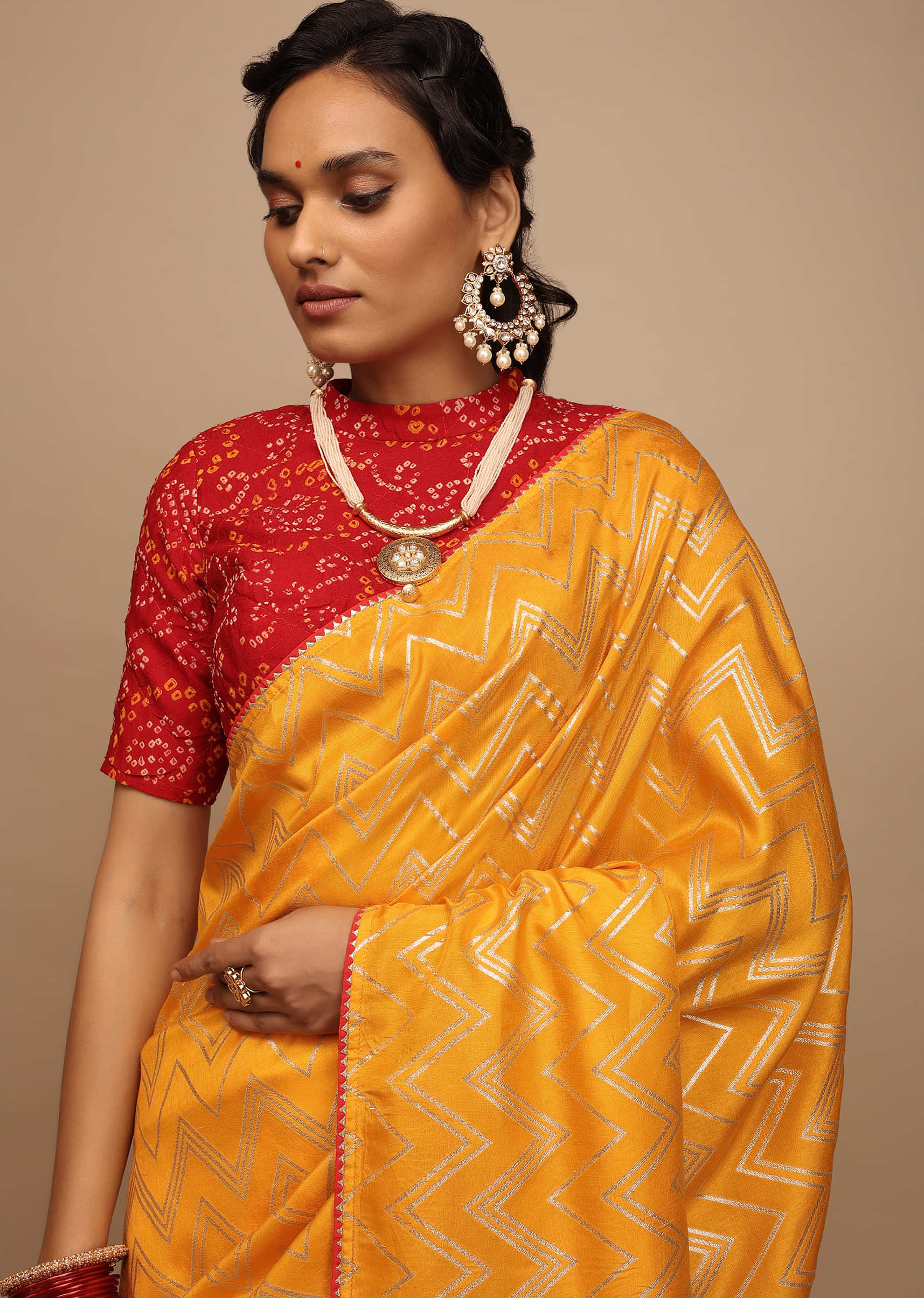 Amber Yellow Saree In Silk With Lurex Woven Chevron Design And Thin Border Along With Unstitched Blouse  