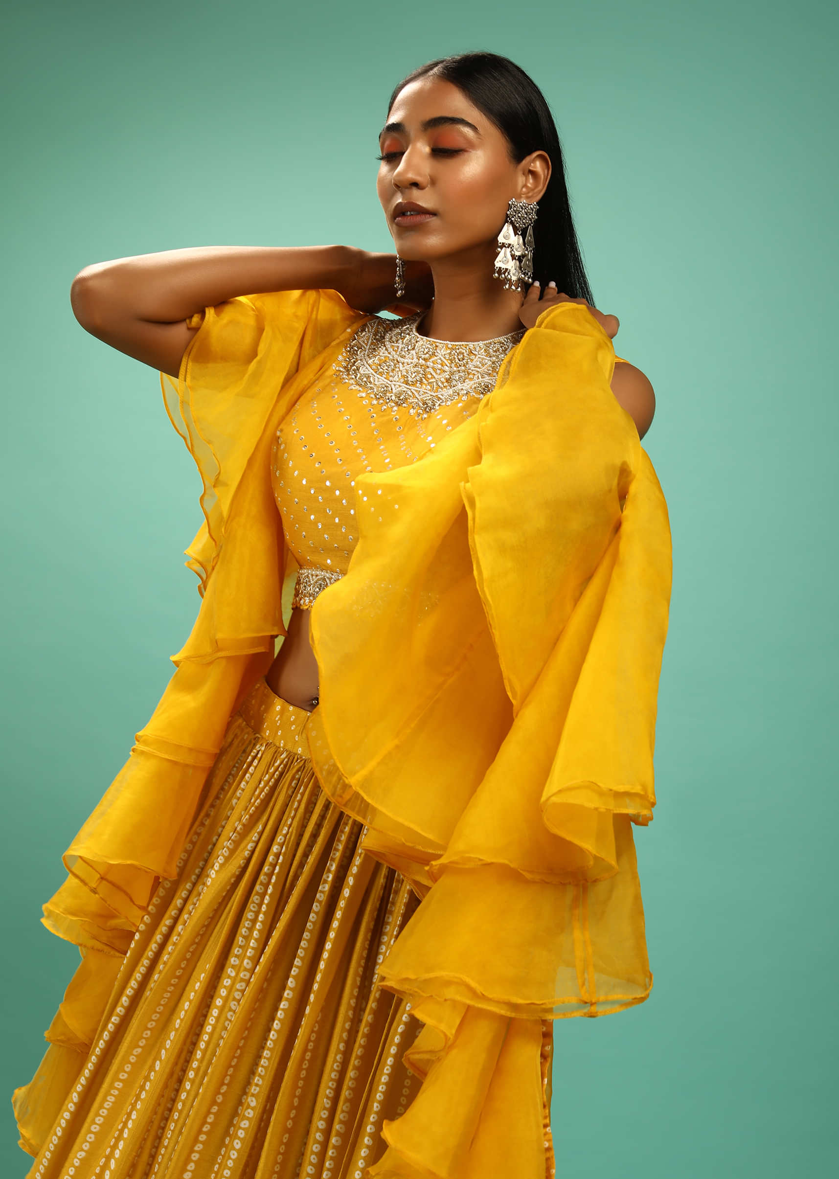 Amber Yellow Crop Top And Lehenga Set With Bandhani Print And Moti Work 