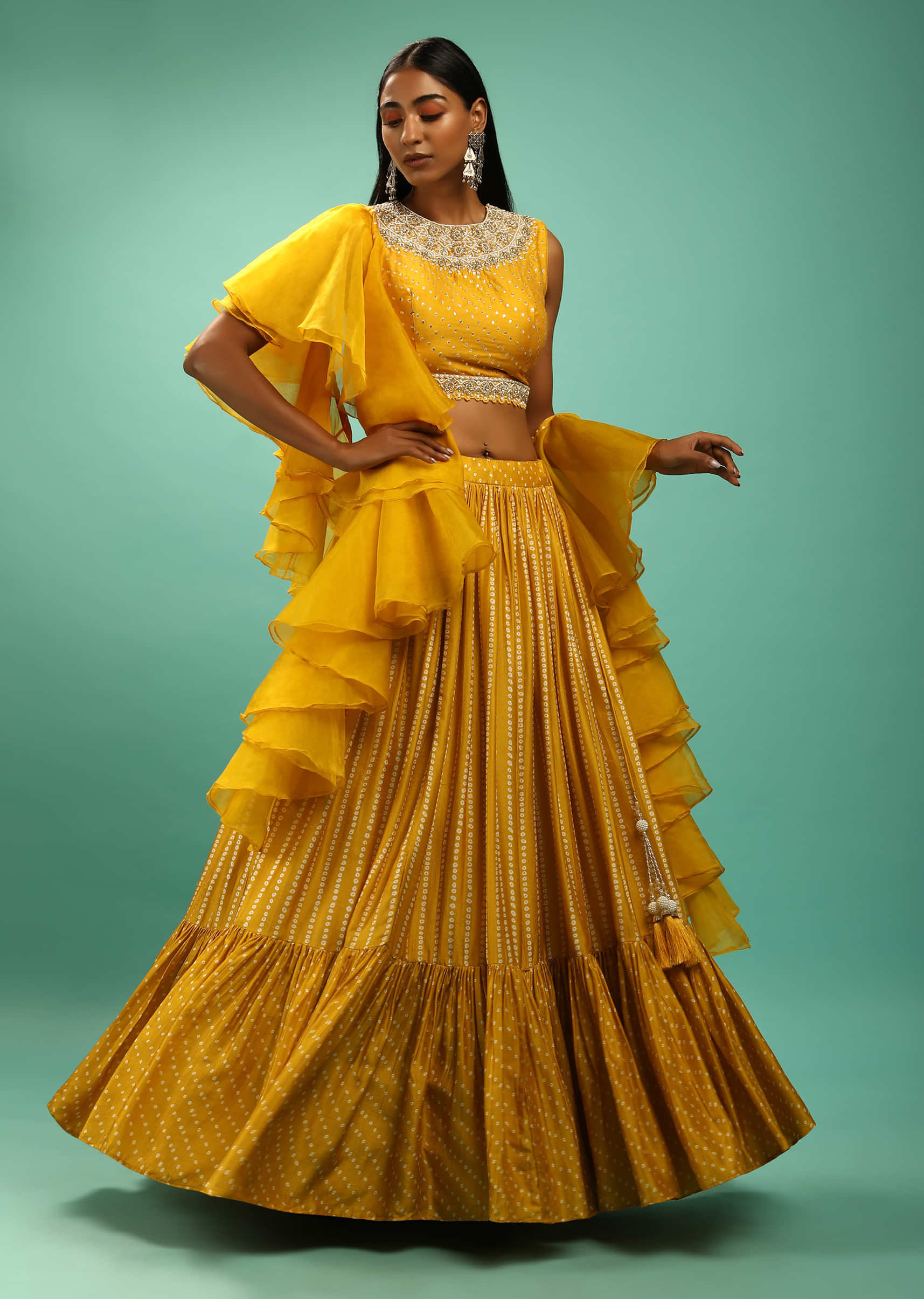 Amber Yellow Crop Top And Lehenga Set With Bandhani Print And Moti Work 