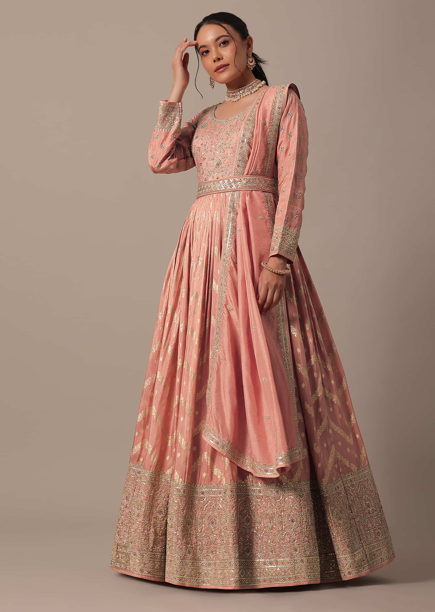 Buy Taffeta Silk Long Anarkali Suit in Peach Color Online - SALA2630