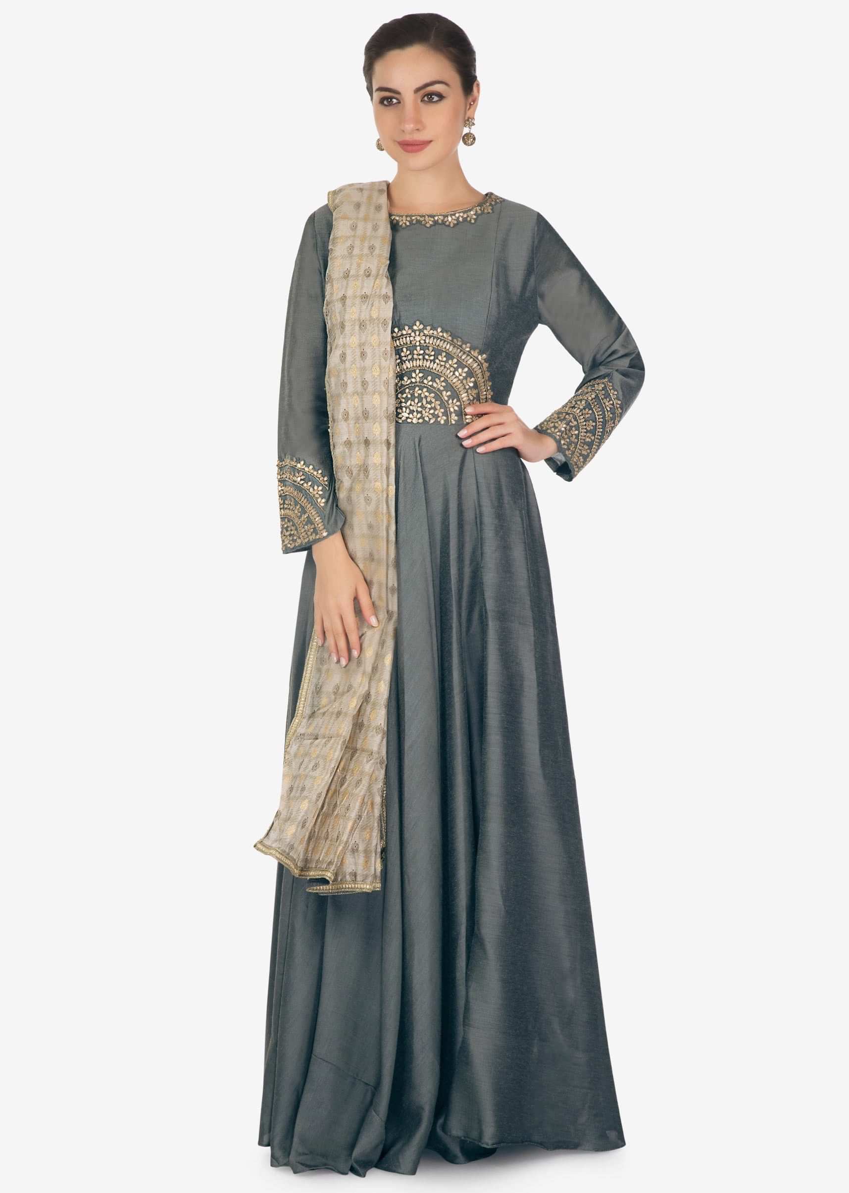 Anchor grey anarkali suit in silk with gotta patch and zardosi ...