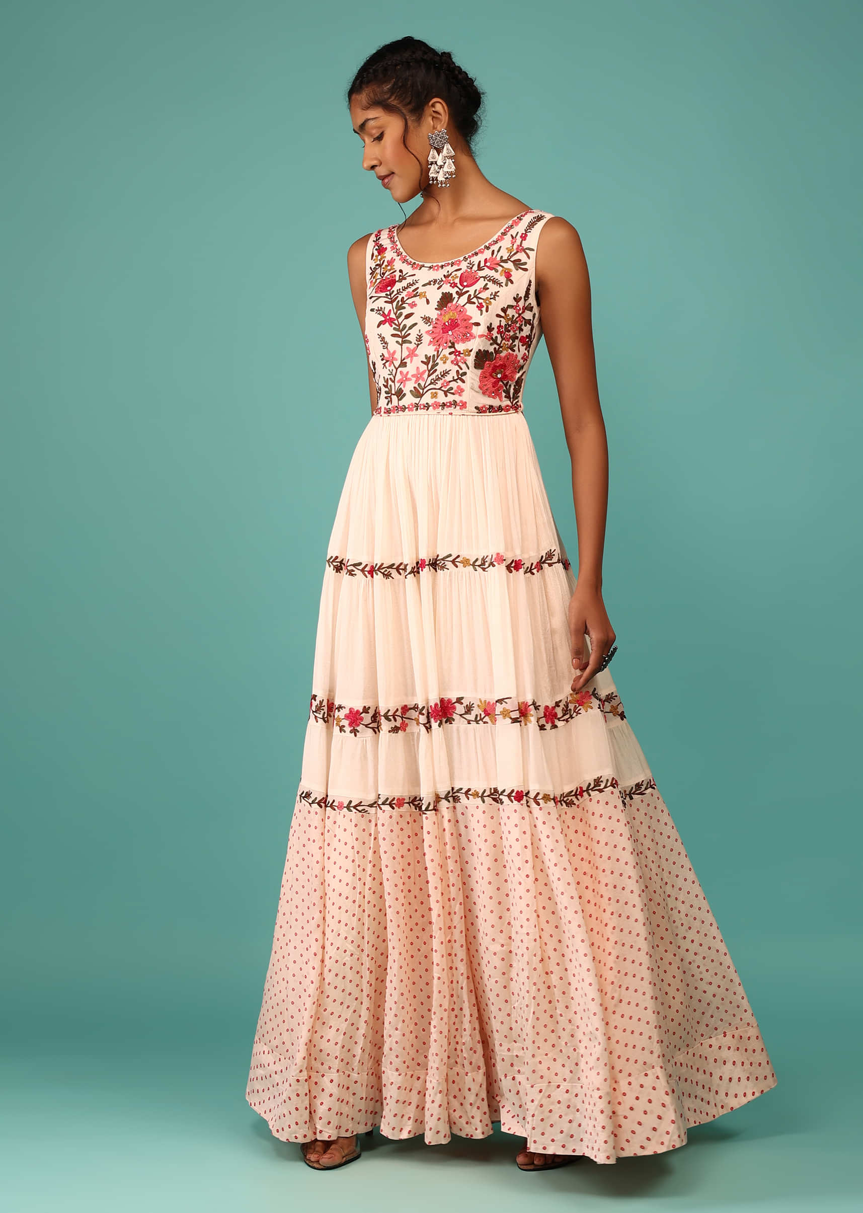 Candy Pink Flowy Dress In Chiffon With Floral Kashmiri Thread Work And Embroidery