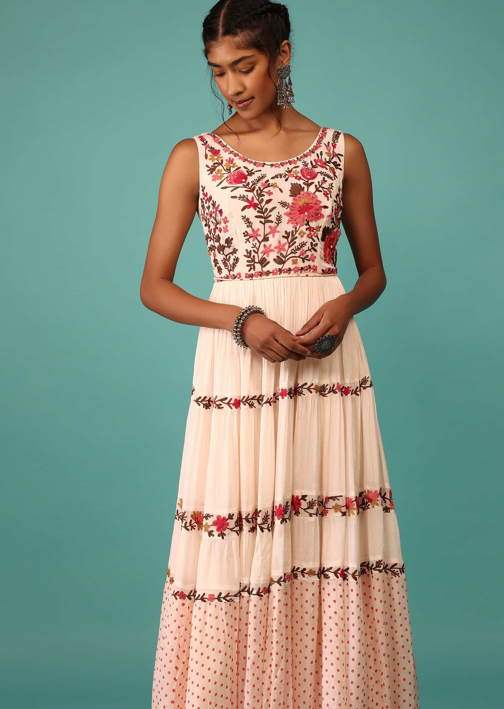 Candy Pink Flowy Dress In Chiffon With Floral Kashmiri Thread Work And Embroidery
