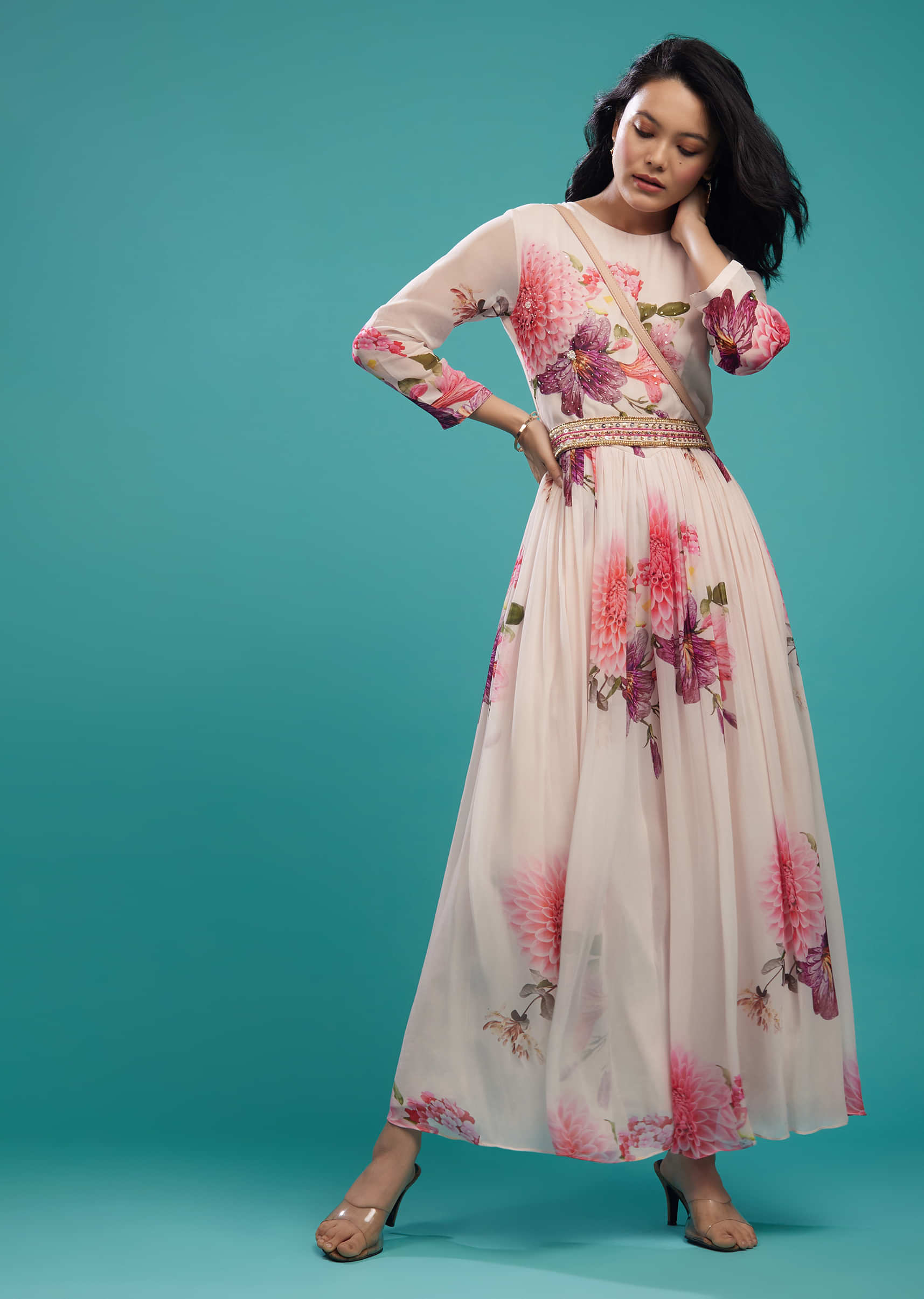 Candy Pink Pleated Jumpsuit In Floral Print And Hand Embroidered Waist Belt