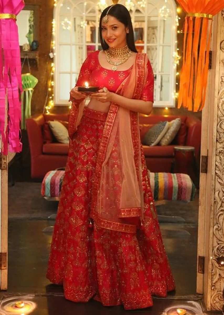 Ankita Lokhande In Kalki Scarlet Red Lehenga With Foil Printed Buttis And Chandelier Motifs