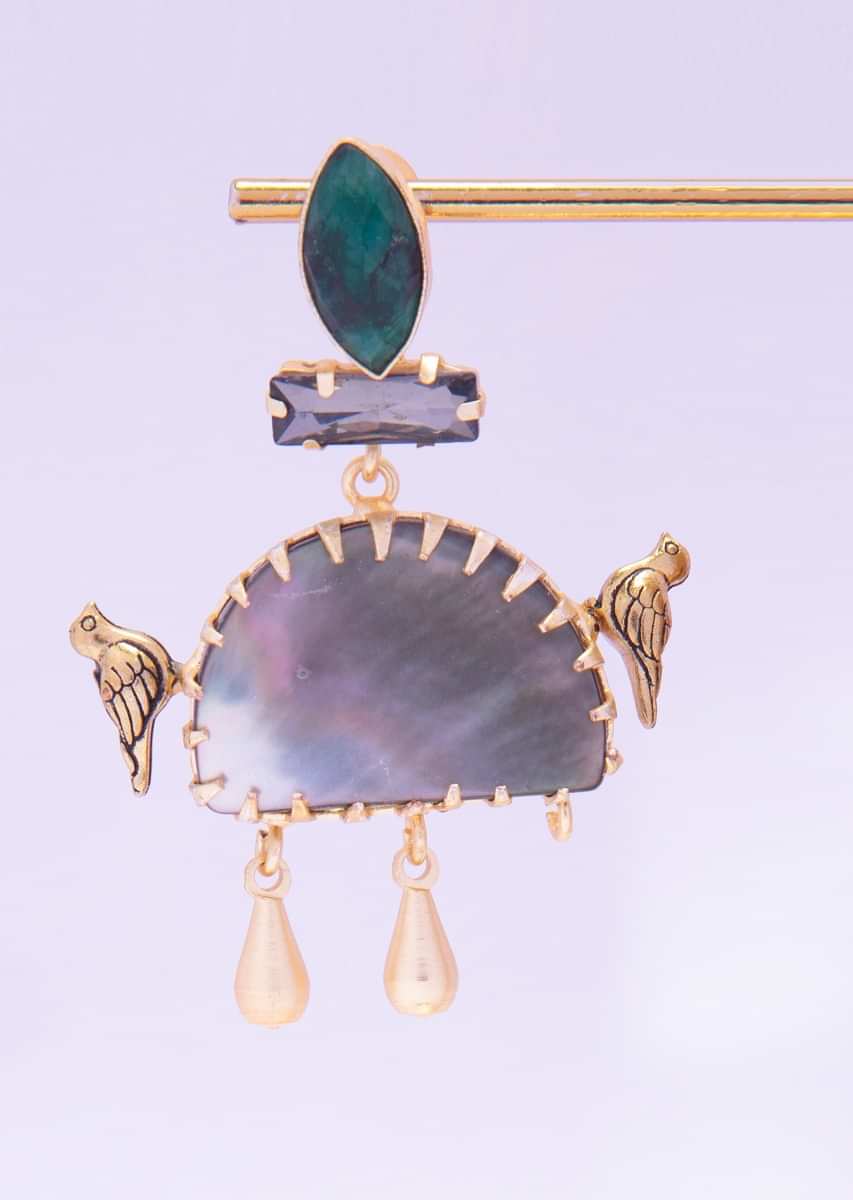 Antique Designer Earrings With Green Semi Precious Stone And Acrylic Bead Online - Kalki Fashion
