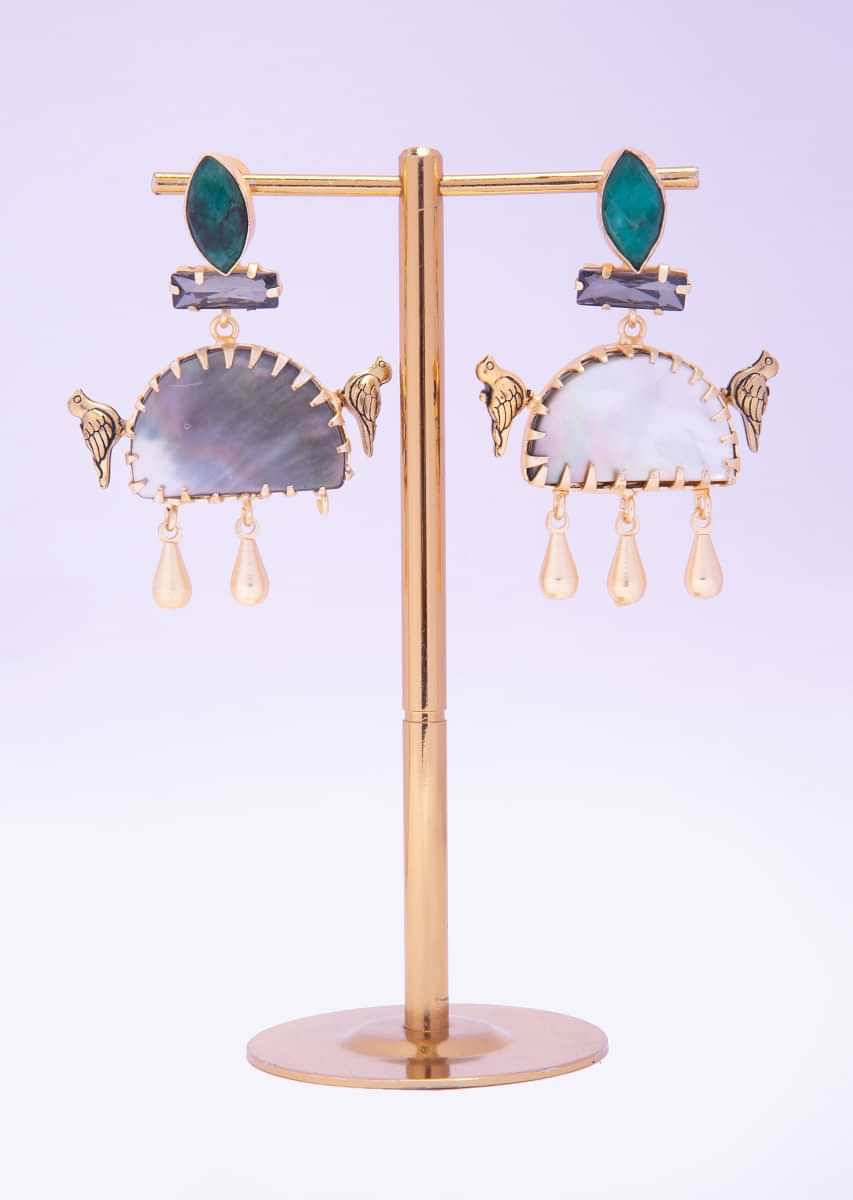 Antique Designer Earrings With Green Semi Precious Stone And Acrylic Bead Online - Kalki Fashion