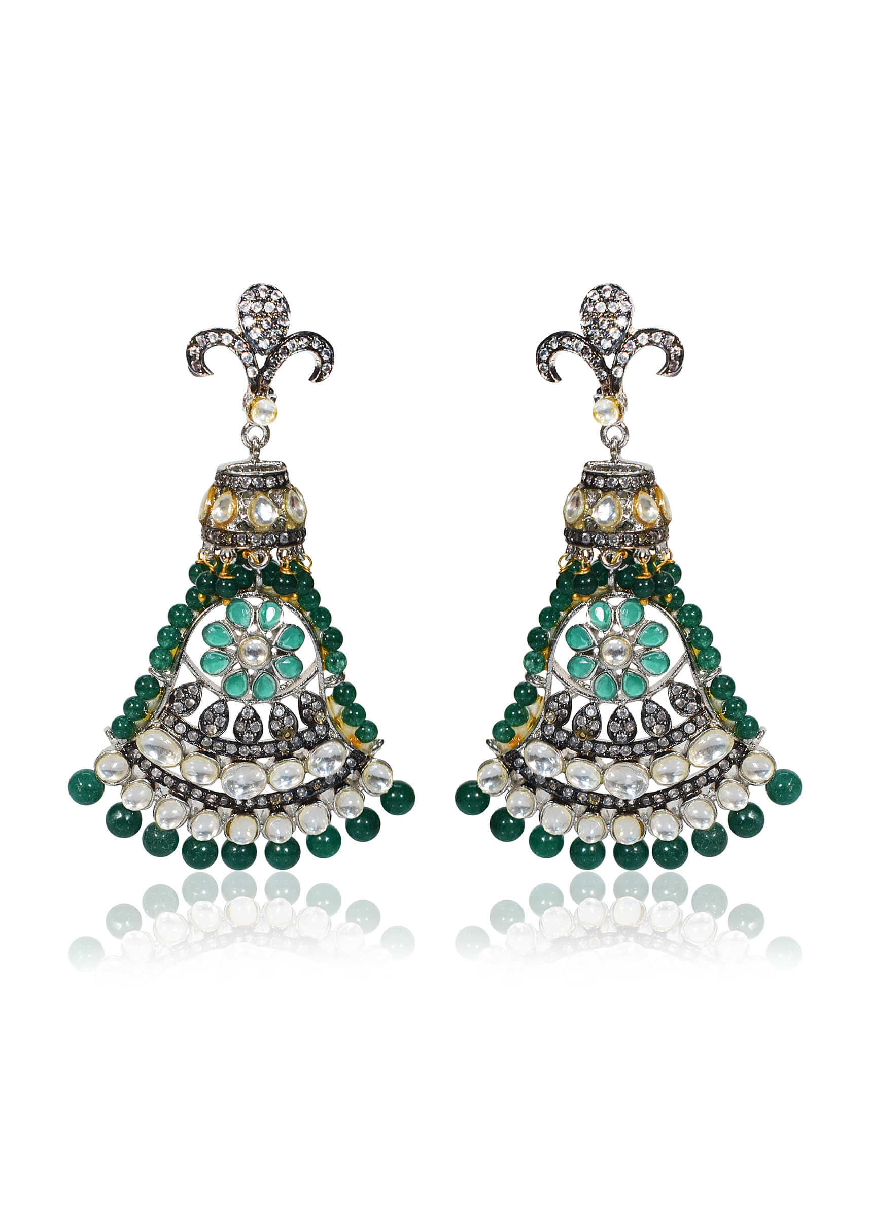 Antique Finish Green Stone Diamond Earrings