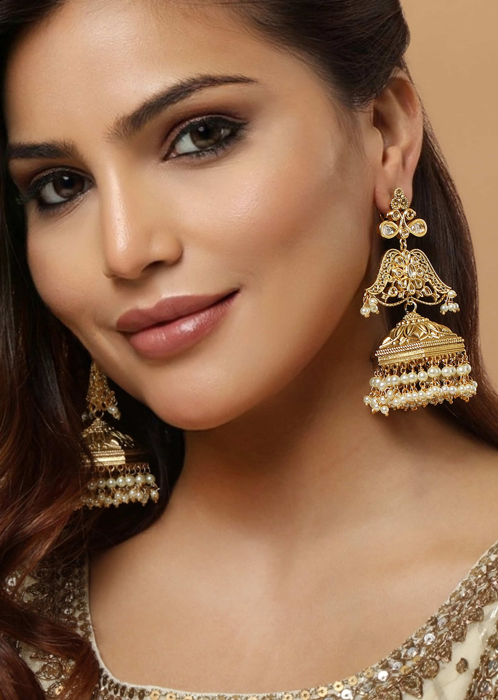 Antique Gold Ethnic Earrings Enhanced With Kundan  And Moti Fringes