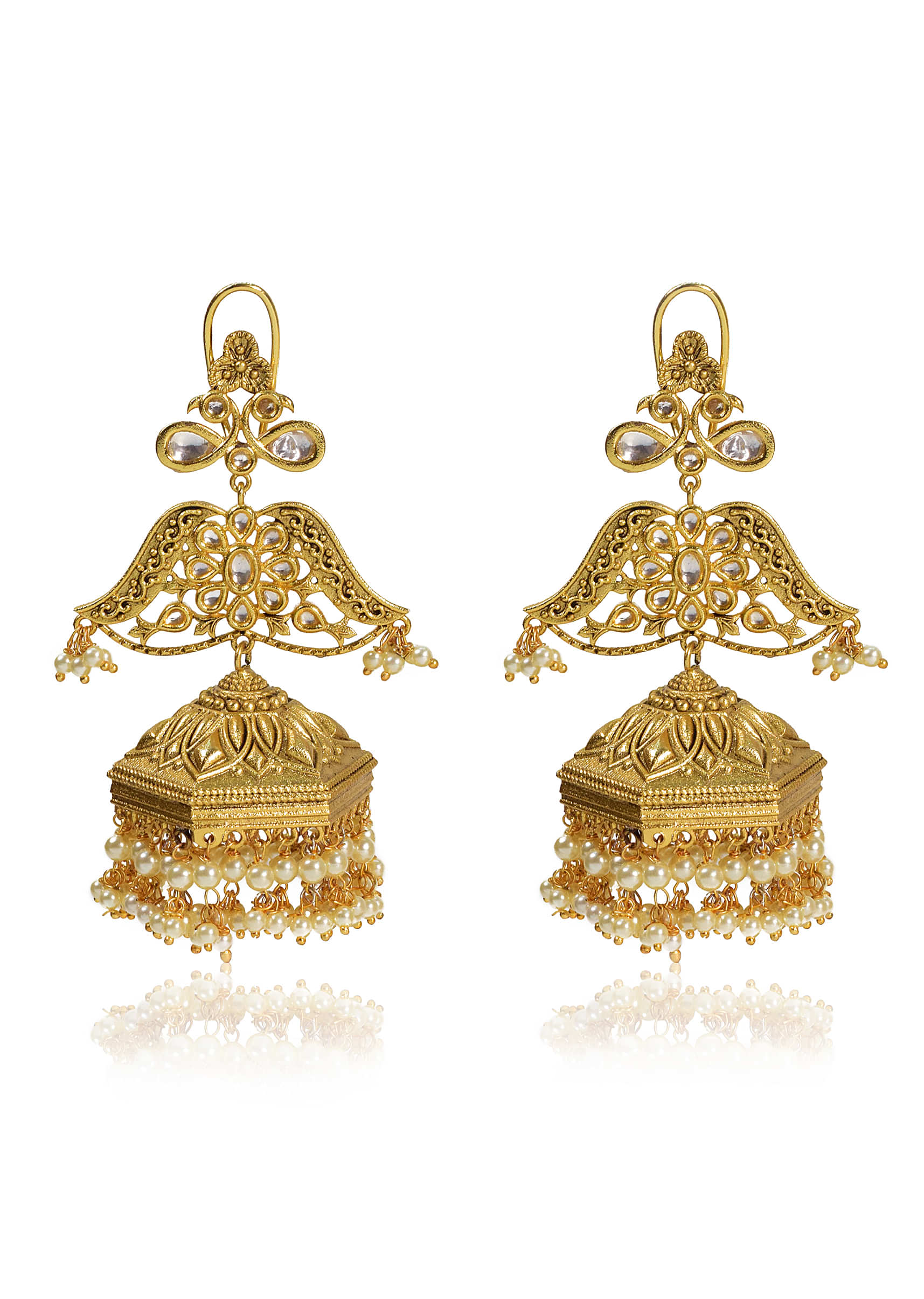 Antique Gold Ethnic Earrings Enhanced With Kundan  And Moti Fringes