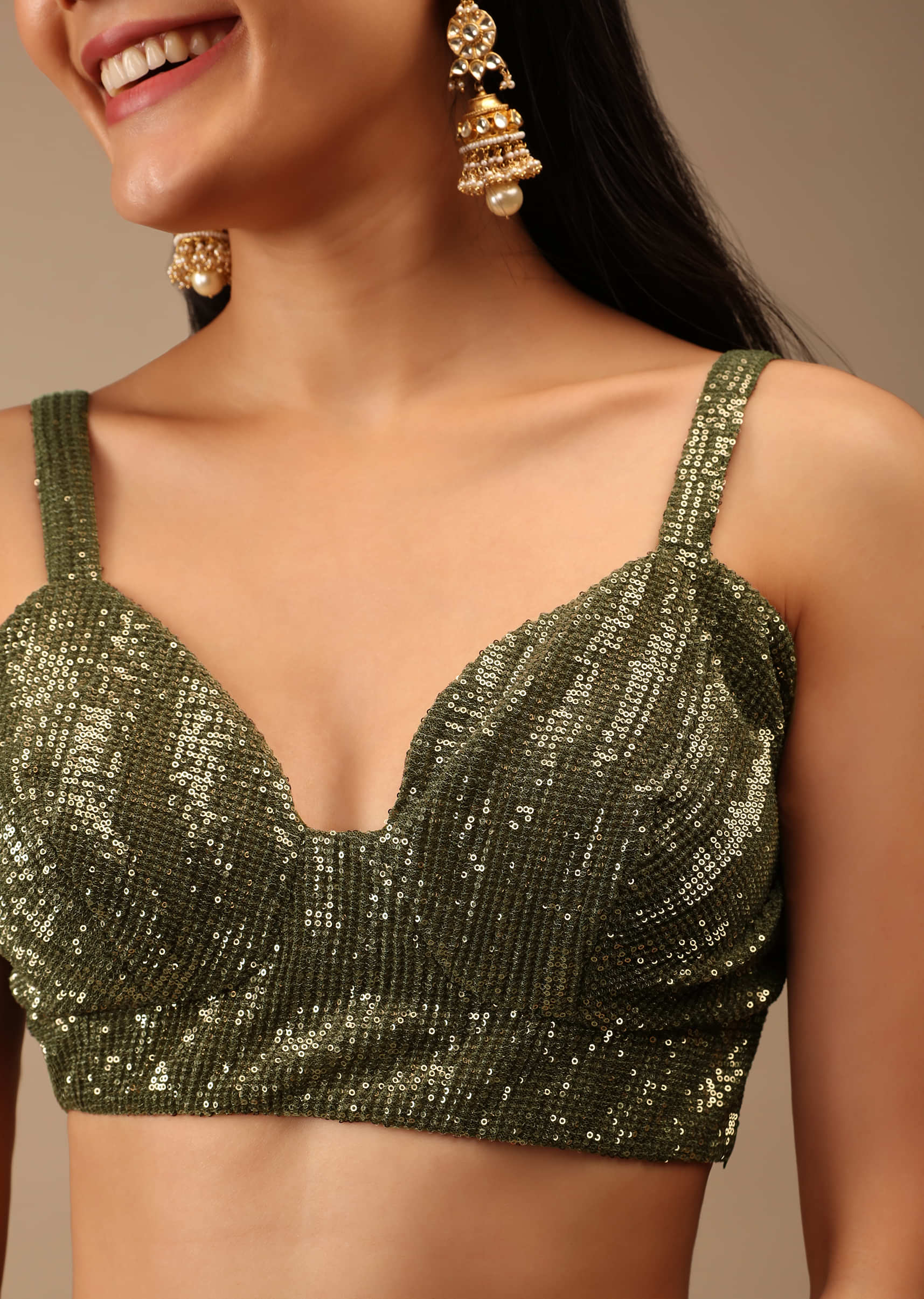 Antique Green Blouse In Crush Embellished With Sequins And Featuring Strap Sleeves And Geometric Neckline
