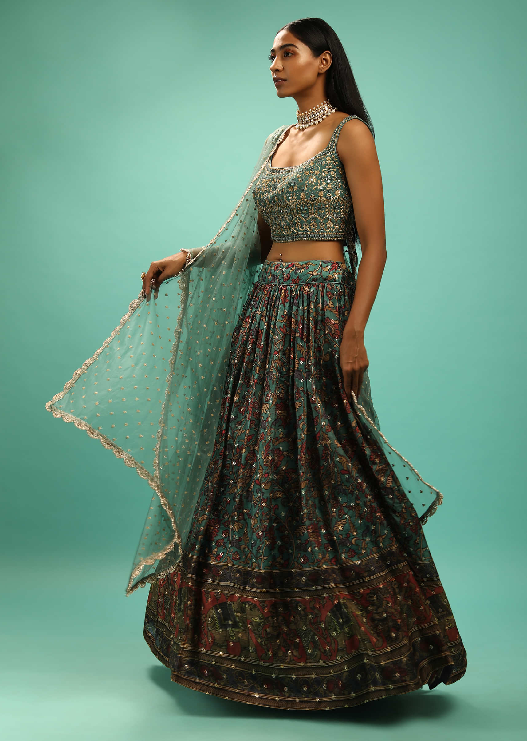 Antique Green Skirt And Crop Top Set With Floral And Elephant Print And Mirror Work 