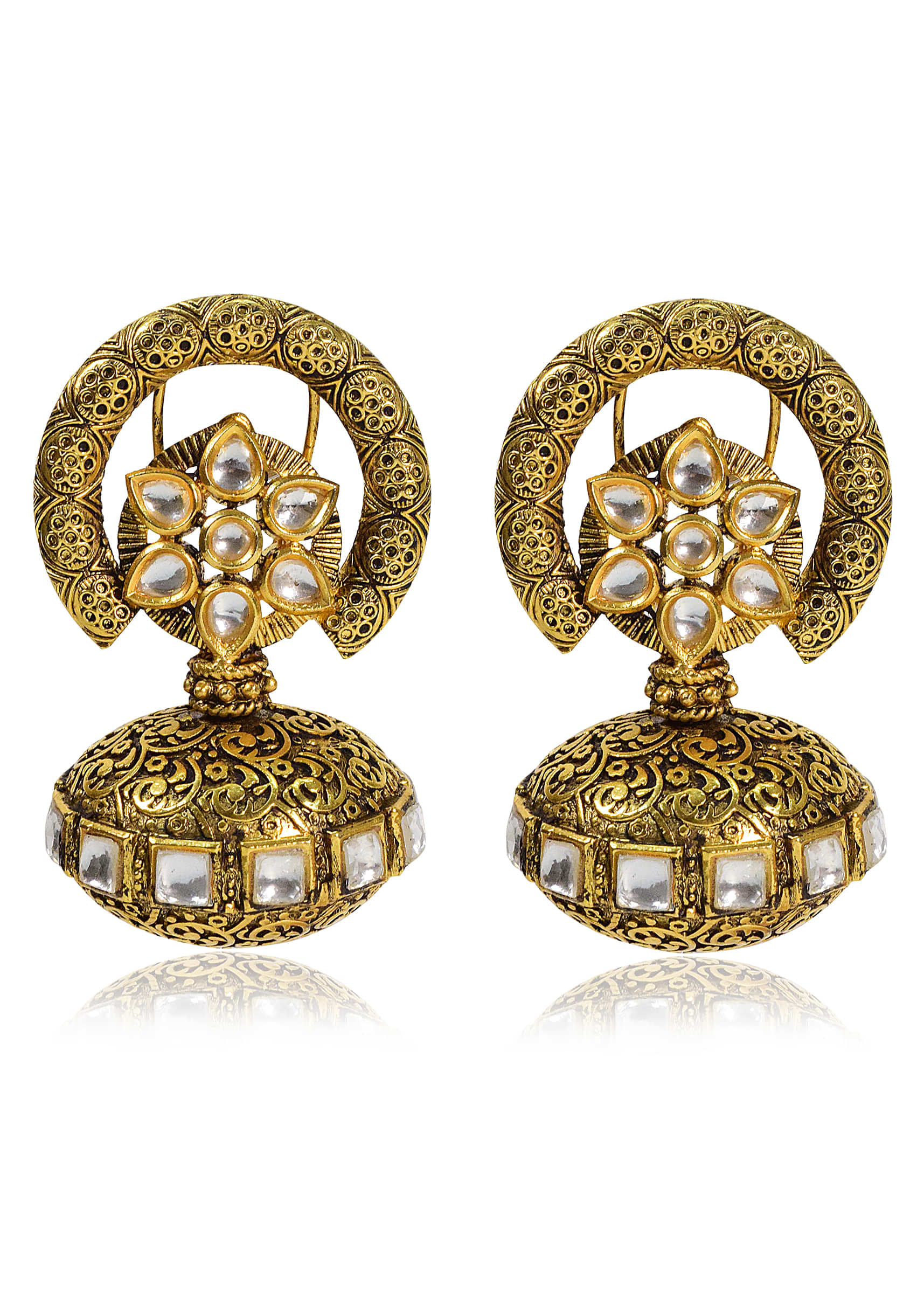 Antique Handcrafted Ethnic Gold Earrings Enhanced With Kundan