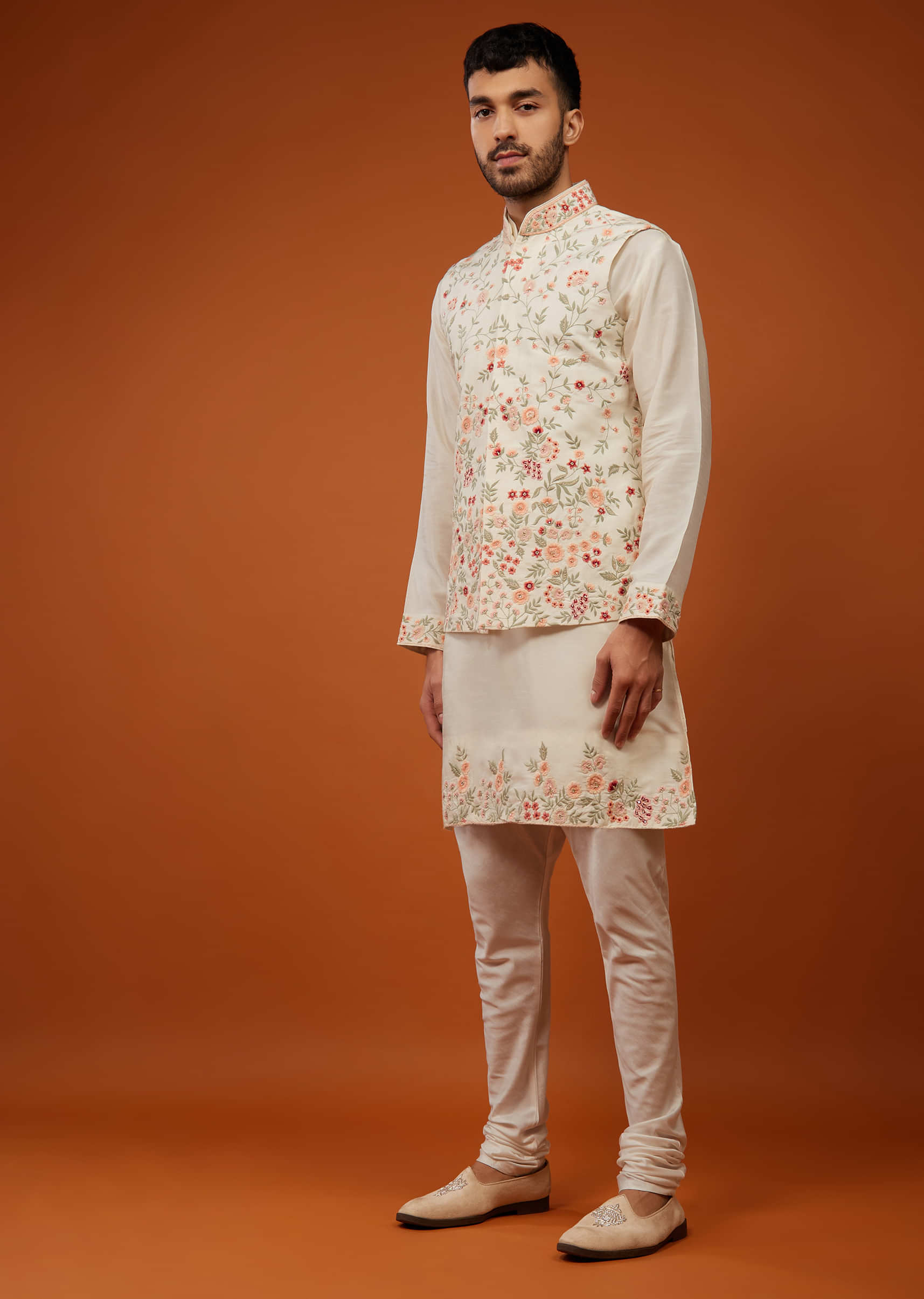 Beige White Bandi Jacket Set With Multicolour Embroidery In Cotton Silk