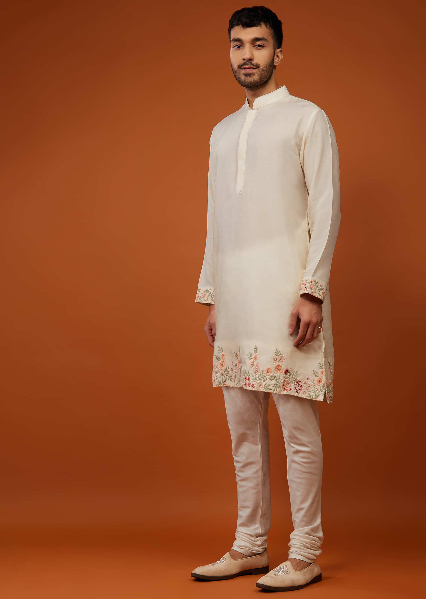 Beige White Bandi Jacket Set With Multicolour Embroidery In Cotton Silk