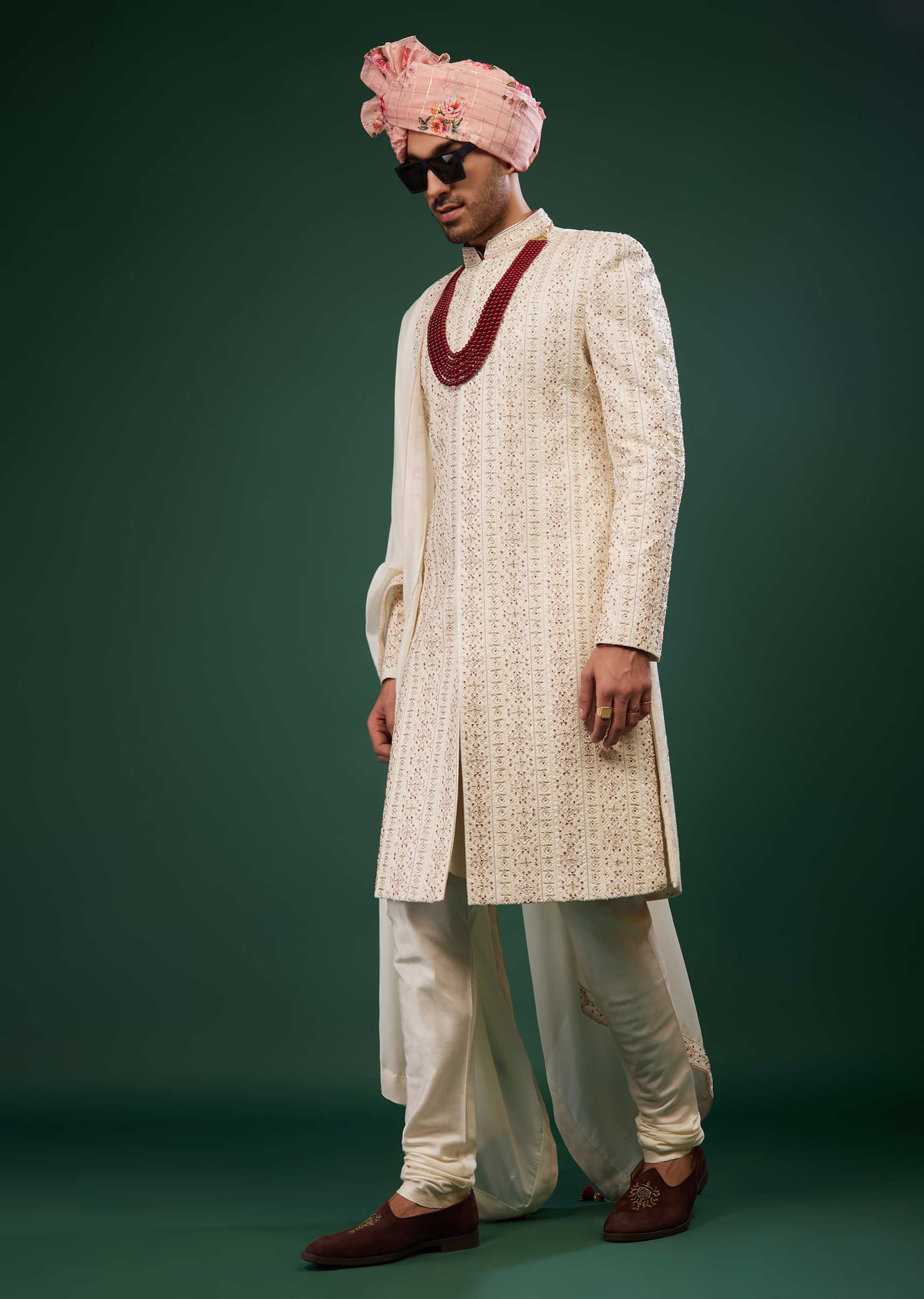 Cream White Sherwani Set In Raw Silk With Embroidery