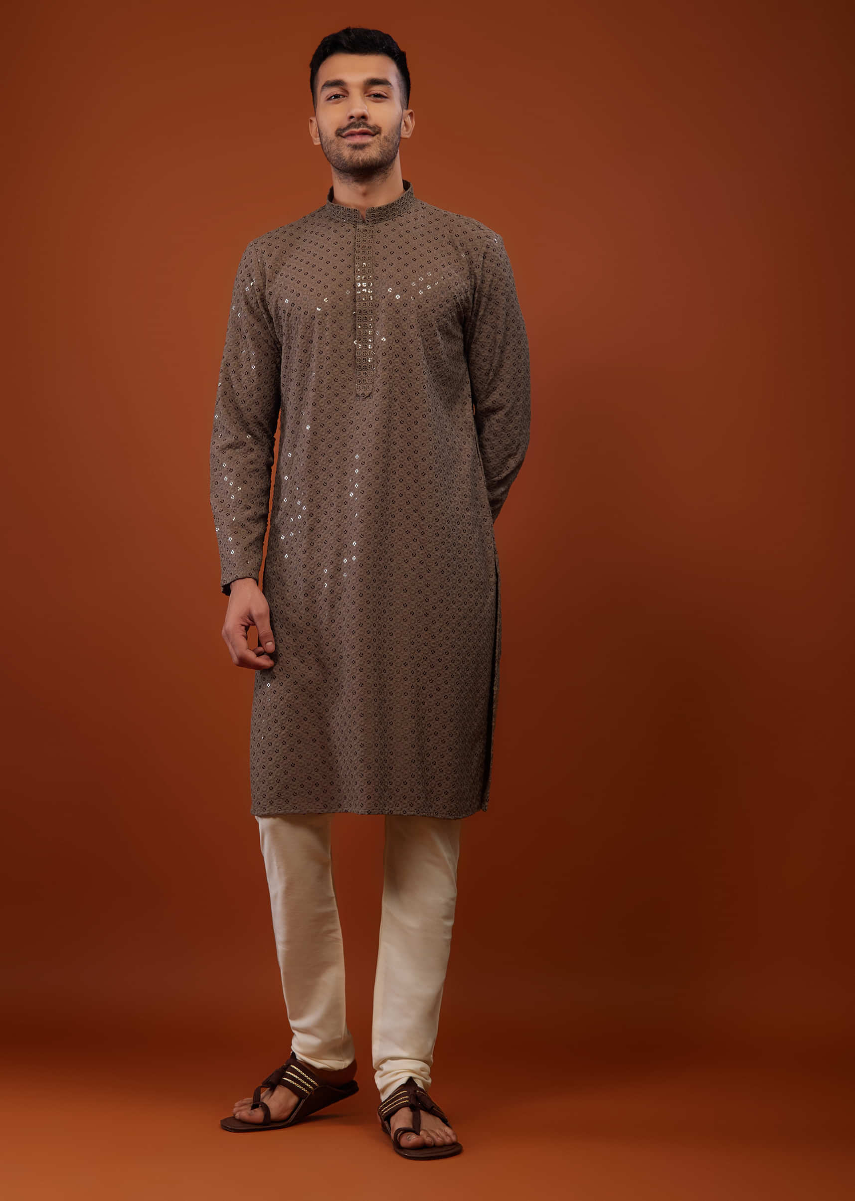 Chocolate Brown Embroidered Kurta Set In Lucknowi