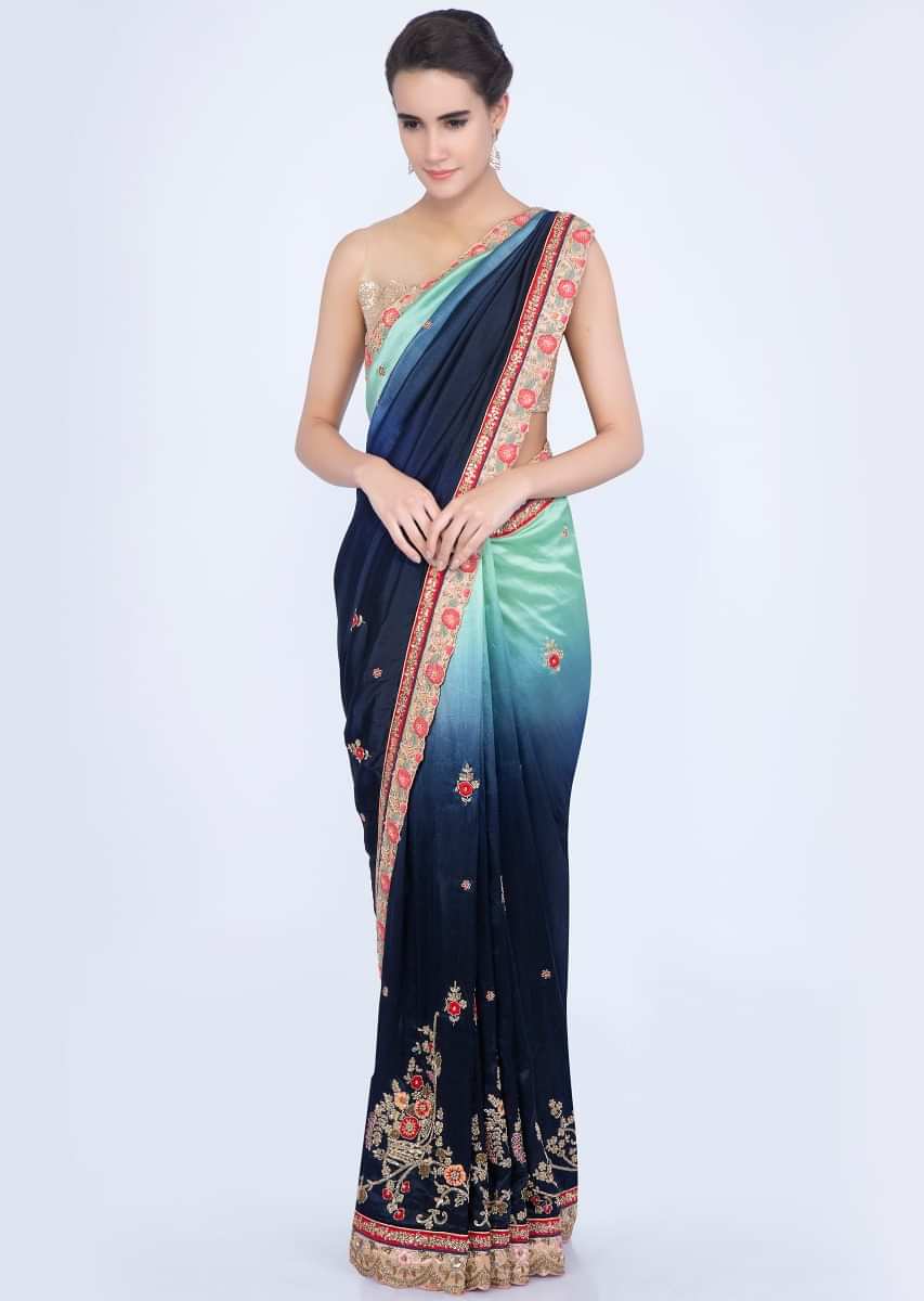 Apple green and indigo blue shaded cotton silk saree with embroidery and butti only on Kalki
