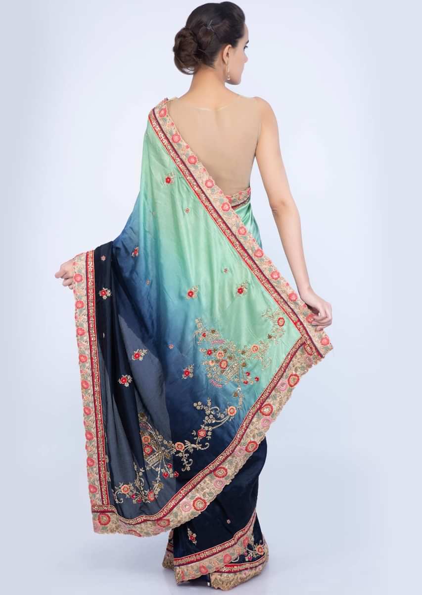 Apple green and indigo blue shaded cotton silk saree with embroidery and butti only on Kalki
