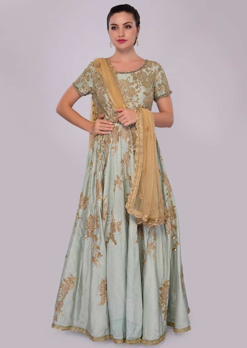 Apple green raw silk anarkali gown in floral embroidery 