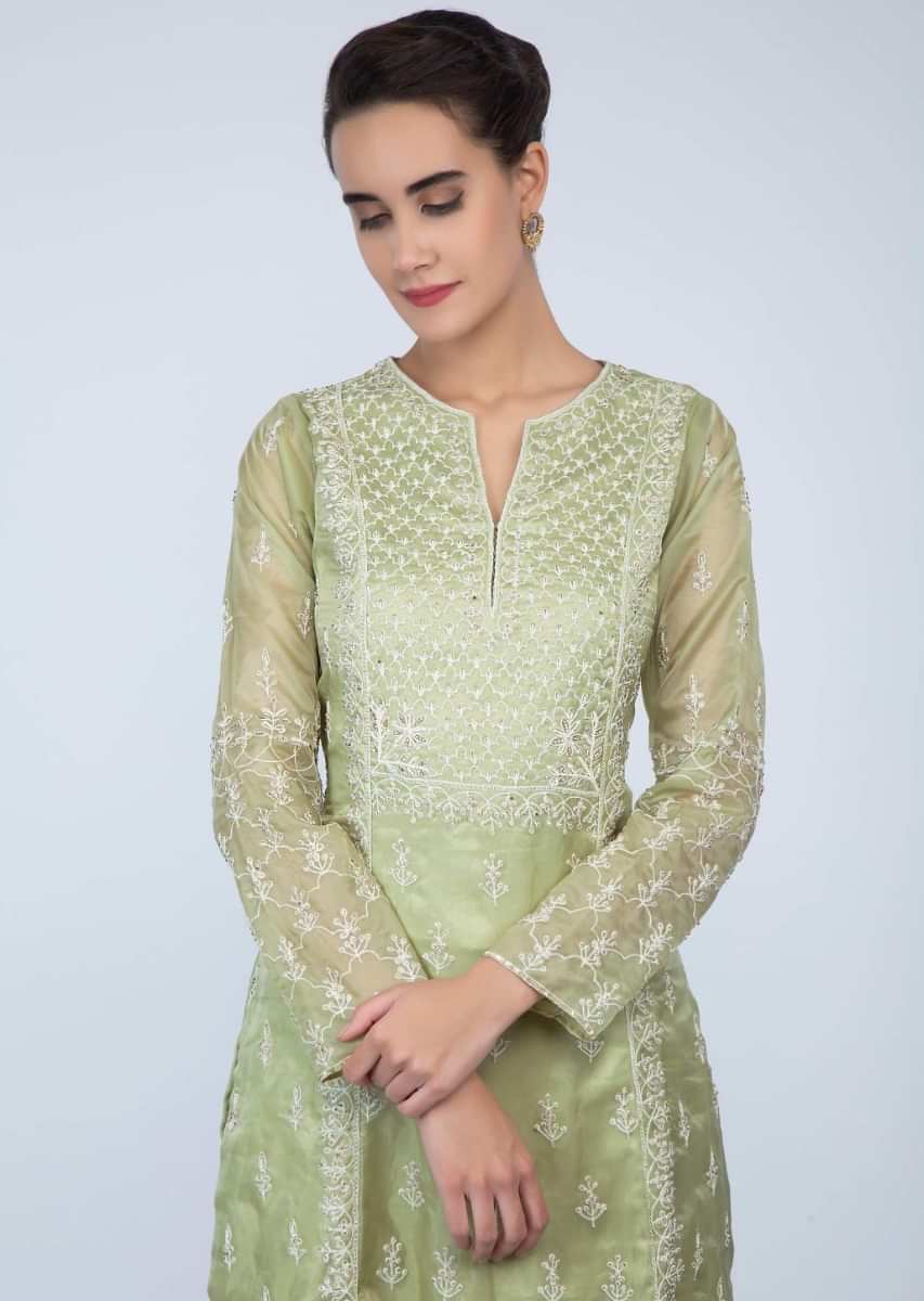 Apple green thread embroidered suit with white lucknowi palazzo